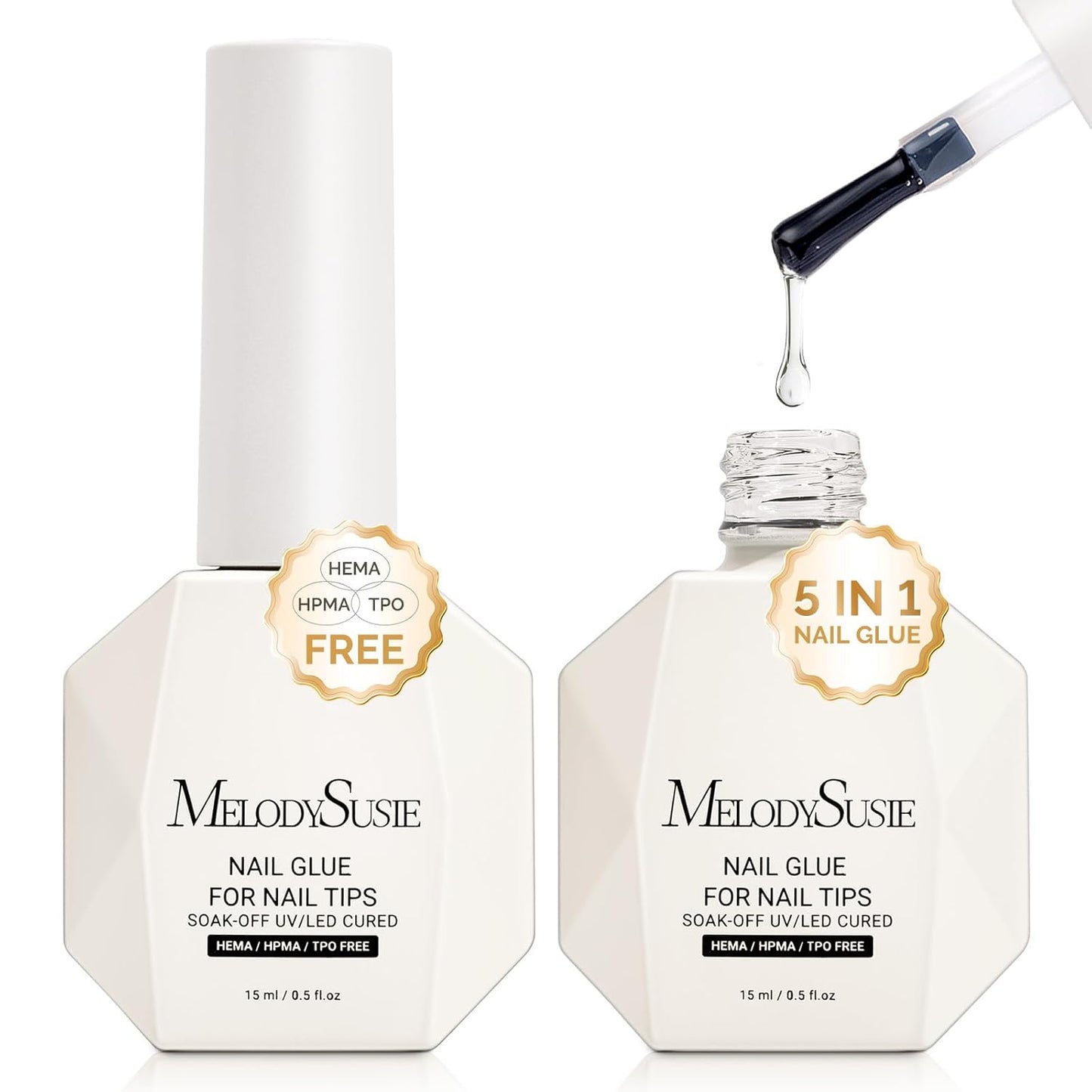 3Free 5 in 1 Nail Glue Gel for False Nail Tips, NO Hema HPMA TPO, Super Sticky and Strong Adhesion, Rhinestone, Blooming Gel, Base Coat, UV Lamp Curing Needed,2 Pcs 15Ml