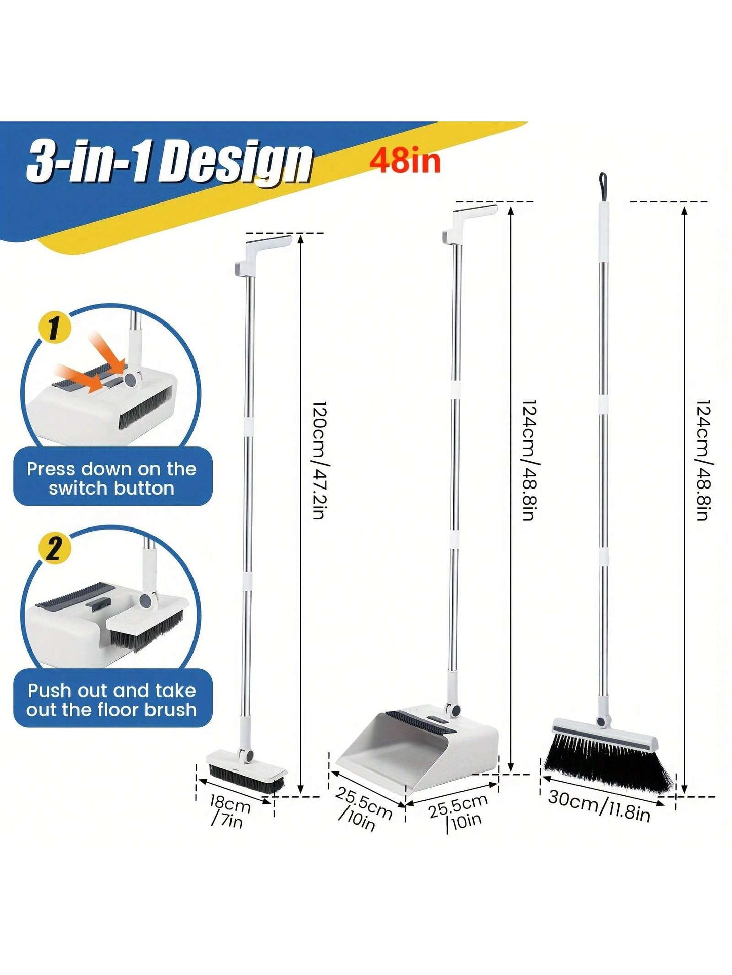 3Pc Broom Set,Upright Dust Pan Combo for Home, Kitchen, Room, Office, Lobby Floor Use without Bending,Garden Tools