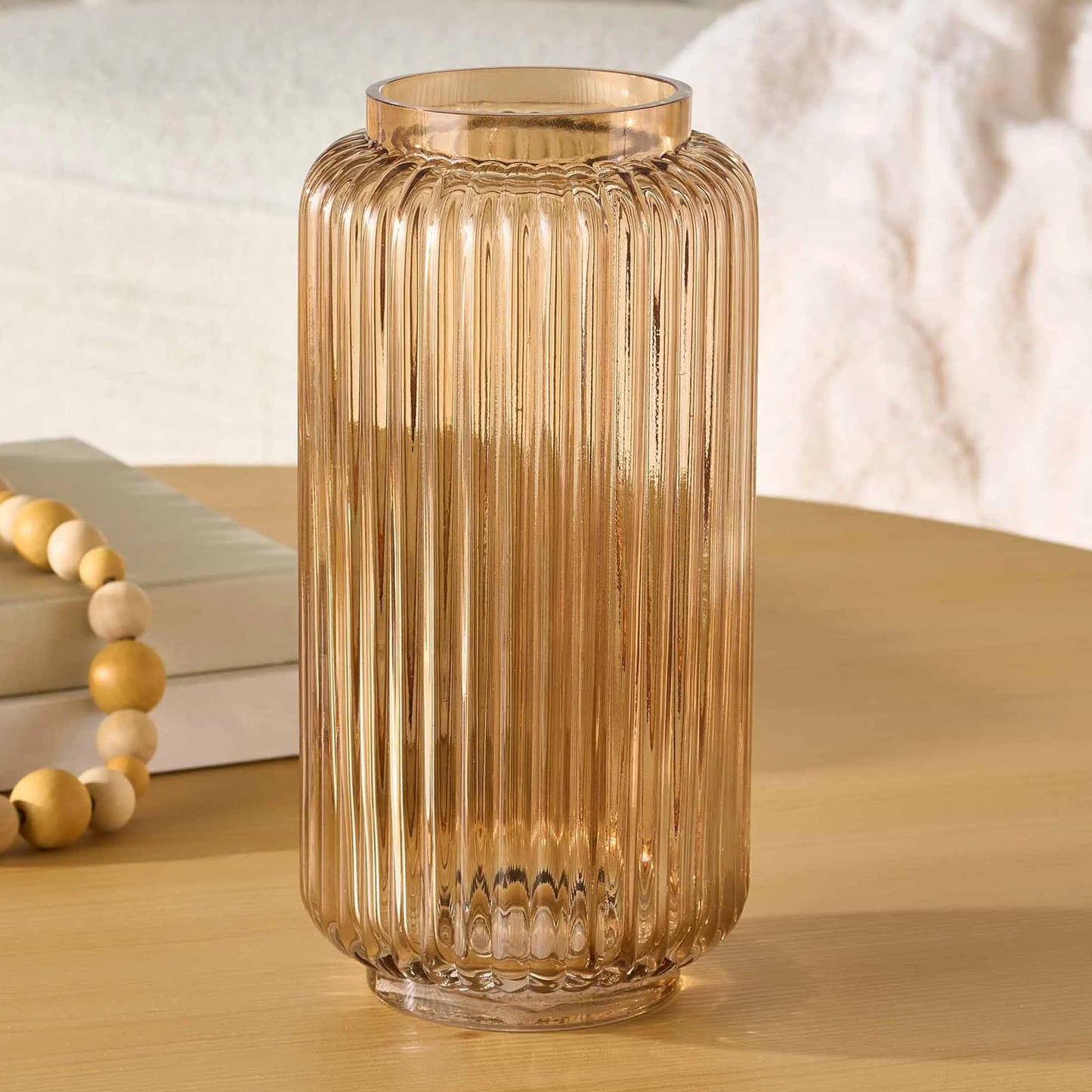 Ribbed Glass Vase, 10", Champagne