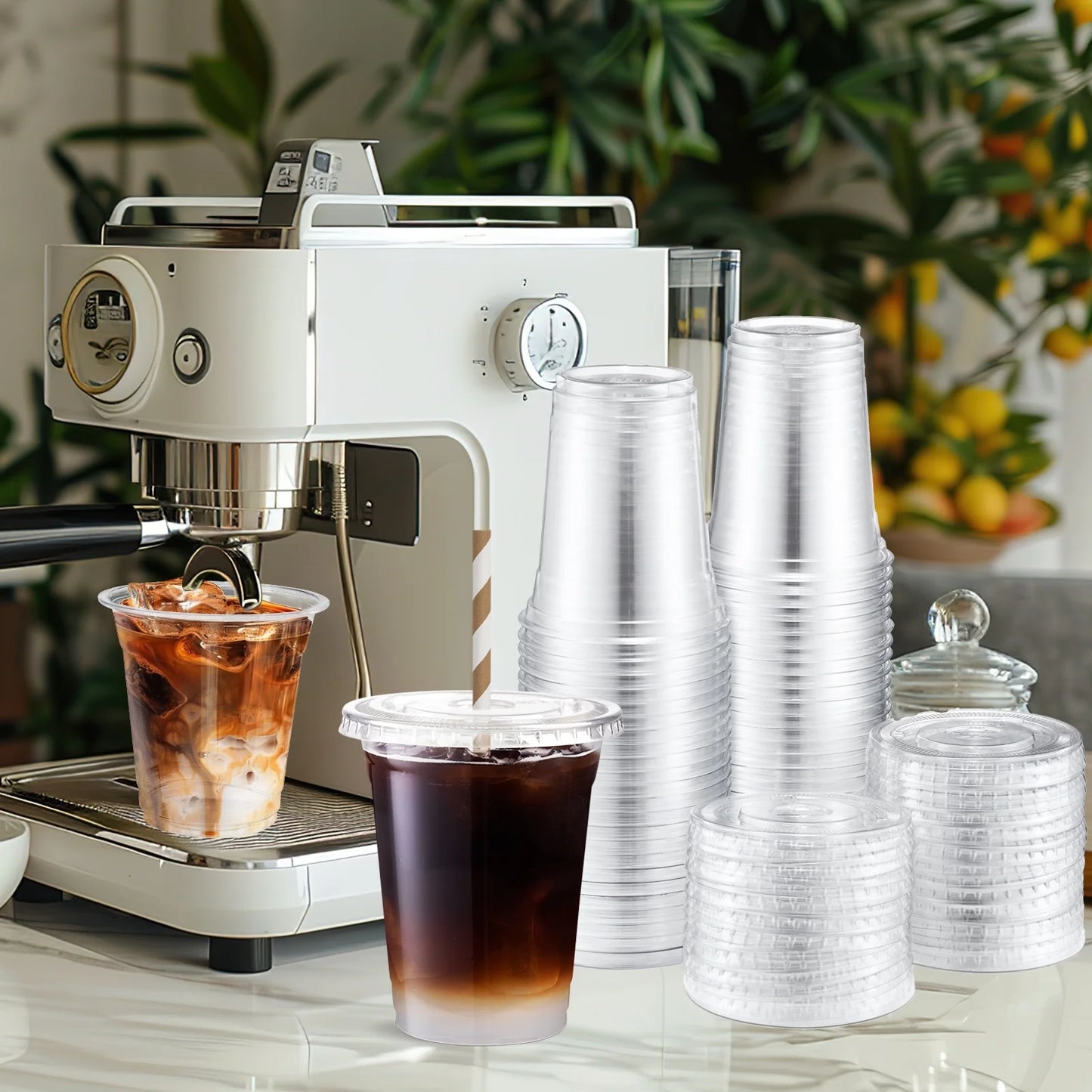 100 Pack 16 Oz Clear Plastic Cups with Lids, Iced Coffee Cups with Lids Disposable for Iced Coffee, Smoothie, Milkshake, Cold Drinks and Graduation Party