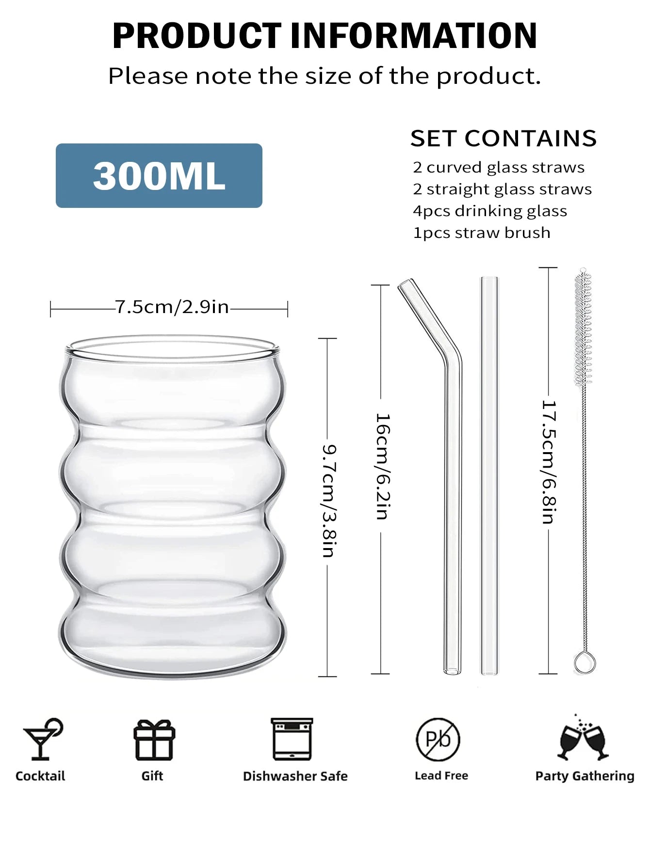 4Pcs Creative Glass Cups Coffee Mug Vintage Drinking Glasses Ribbed Glassware Aesthetic Cups with Straws Set