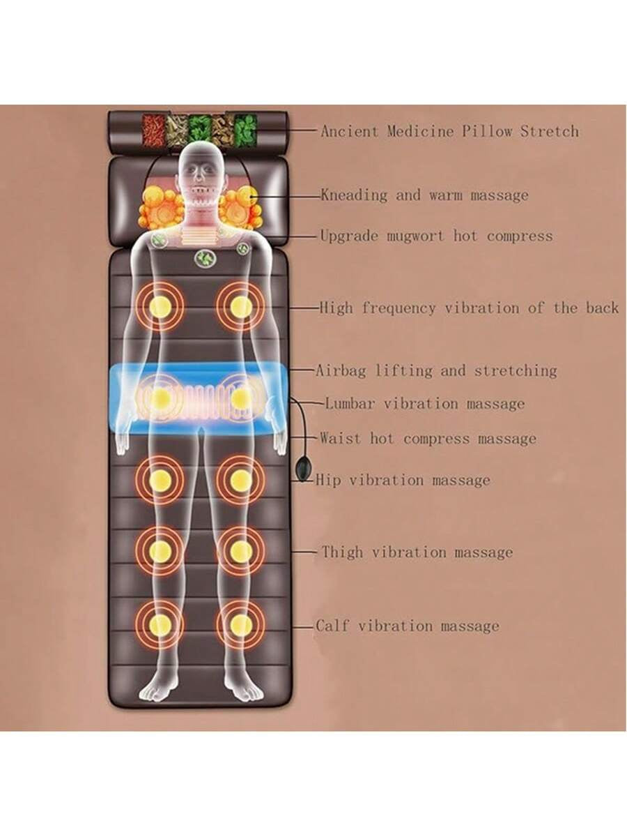 Full Body Massage Mat with Heating - 10 Vibration Nodes & Adjustable Pillow for Neck/Back/Leg Pain Relief - 138Cm X 50Cm Foldable Design with Remote Control (Brown)