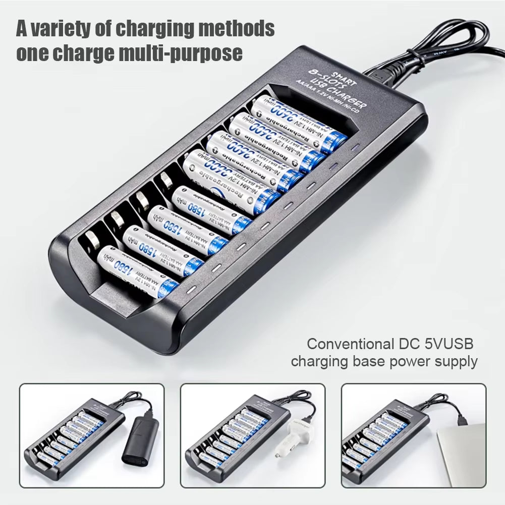 Rechargeable Battery Charger USB Output 8 Slots Fast Charging Short Circuit Protection for 1.2V Nimh AAA/AA Batteries Charger