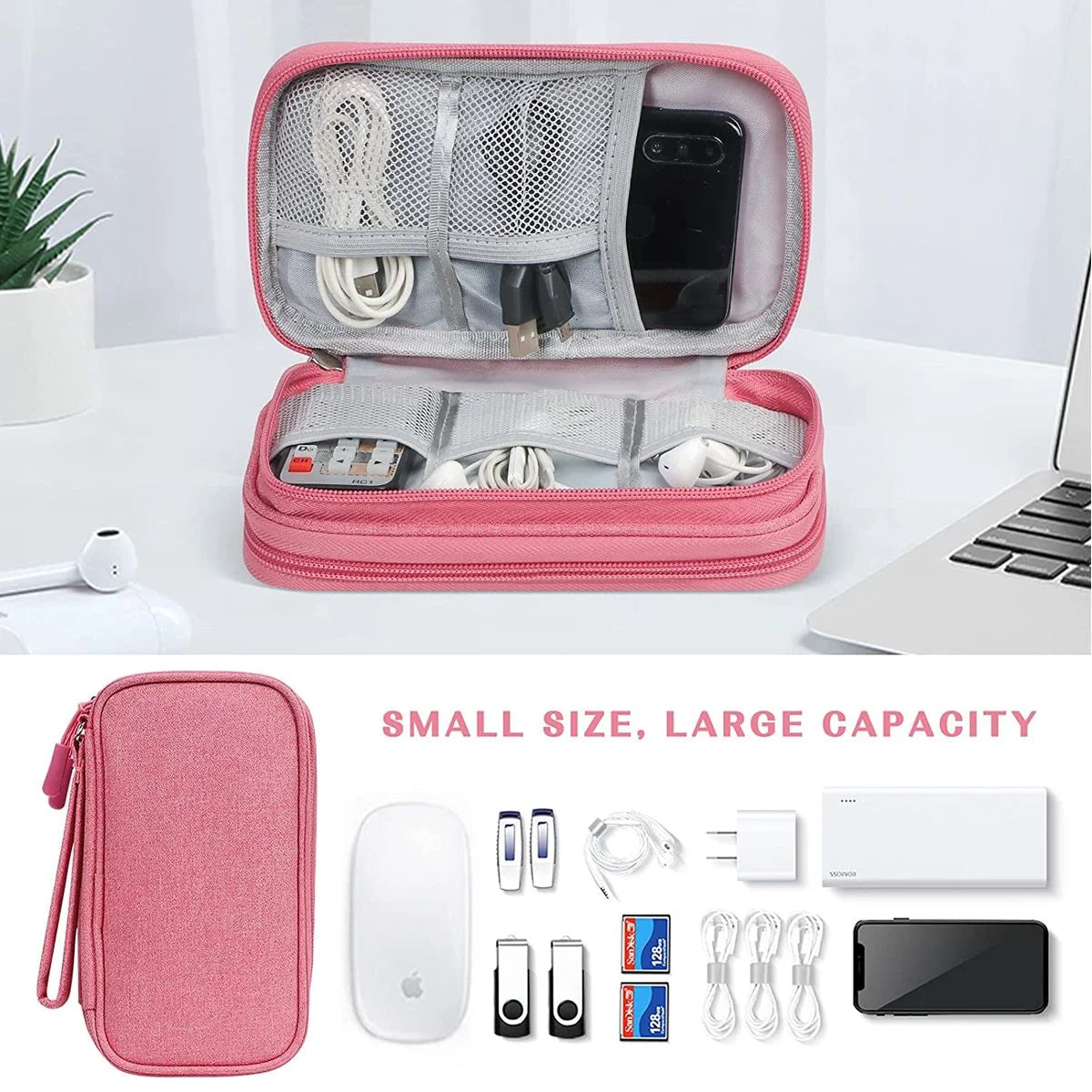 Electronic Organizer Small Travel Cable Organizer Bag Pouch Waterproof Electronic Accessories Storage Bag for Cable, Cord, Charger, Phone, Earphone (Pink)