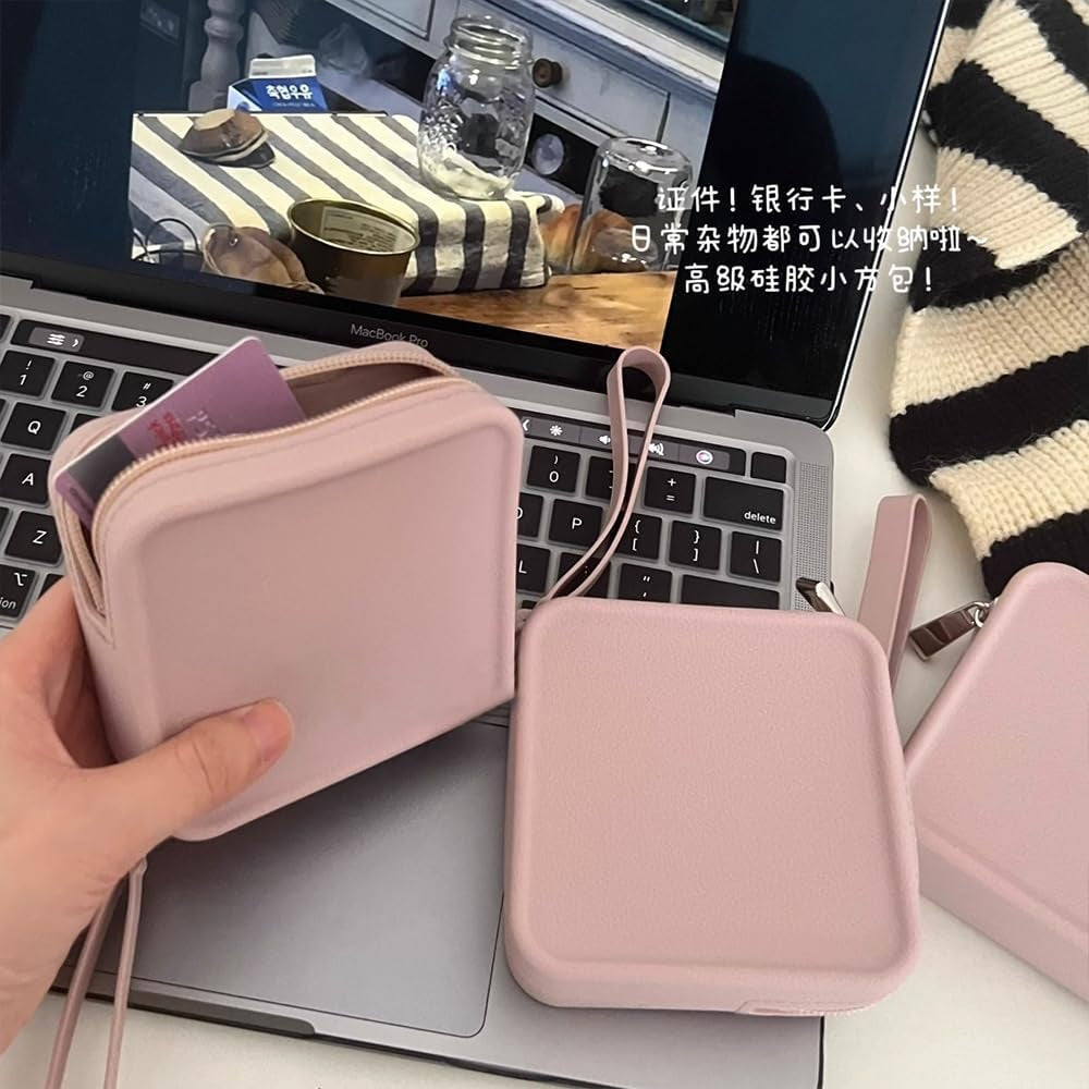 Silicone Small Makeup Bag Pouch for Purse, Small Cosmetic Travel Bag Zipper Pouch Waterproof Mini Coin Purse Portable Makeup Storage Bag Travel Toiletry Organizers for Women Girls (Purple Pink)