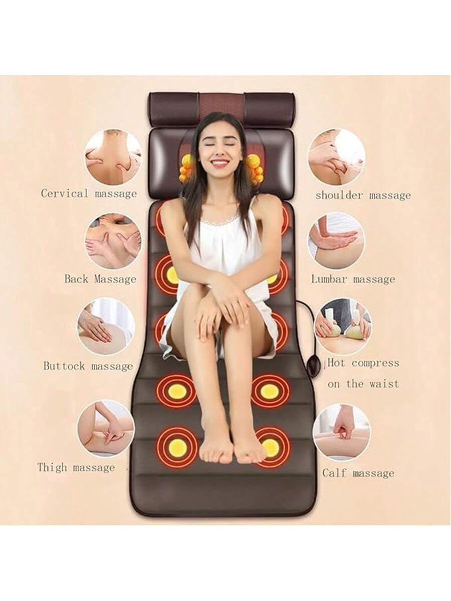 Full Body Massage Mat with Heating - 10 Vibration Nodes & Adjustable Pillow for Neck/Back/Leg Pain Relief - 138Cm X 50Cm Foldable Design with Remote Control (Brown)