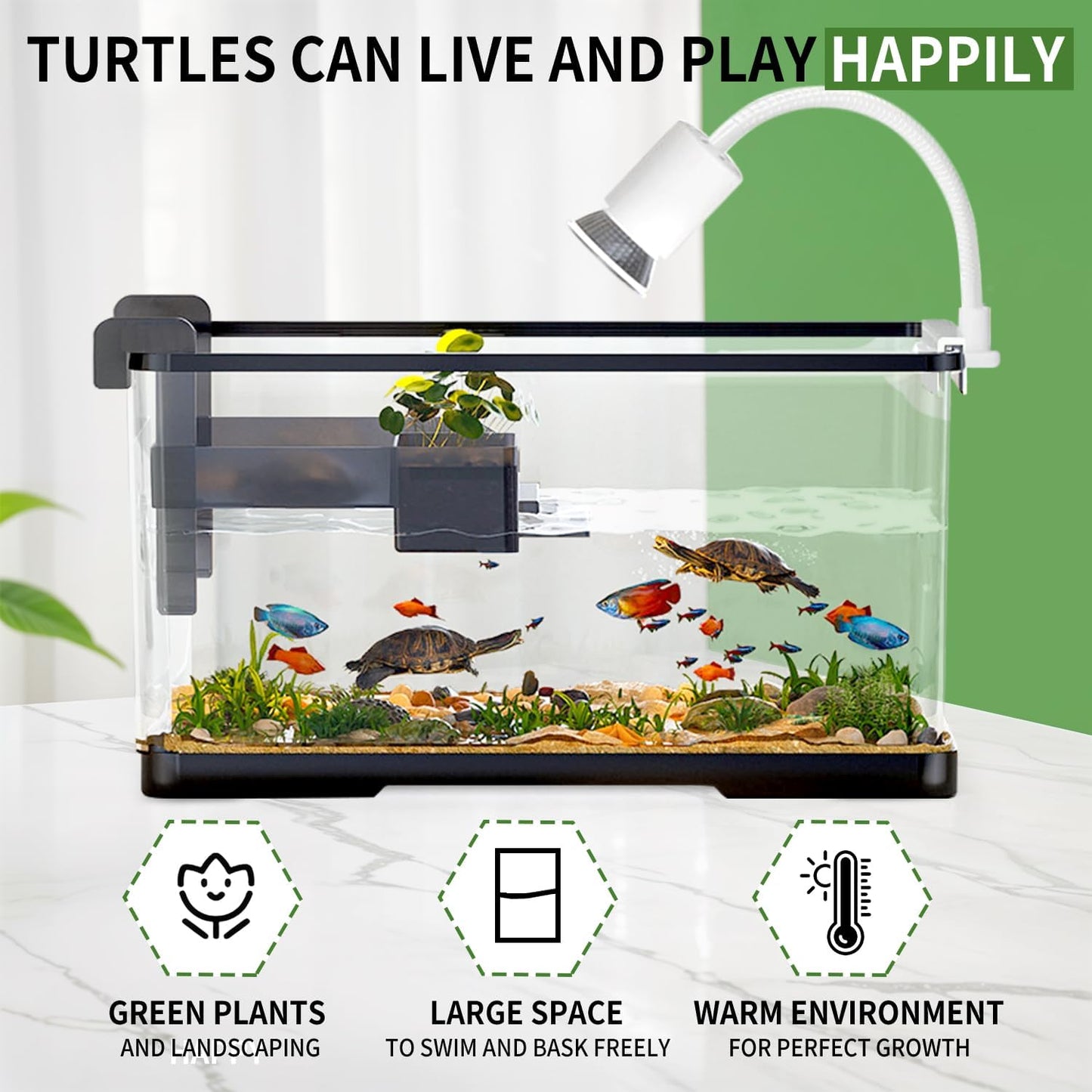 (Tank + Light + Filter + Filter Balls) Turtle Tank Kit, Turtle Tank Starter Kit,Bottom Drainage, Multi-Function Areas for Turtles, Crabs,Fishes, Amphibians,Reptiles. (15.75 X 8.64 X 8.64 Inch)