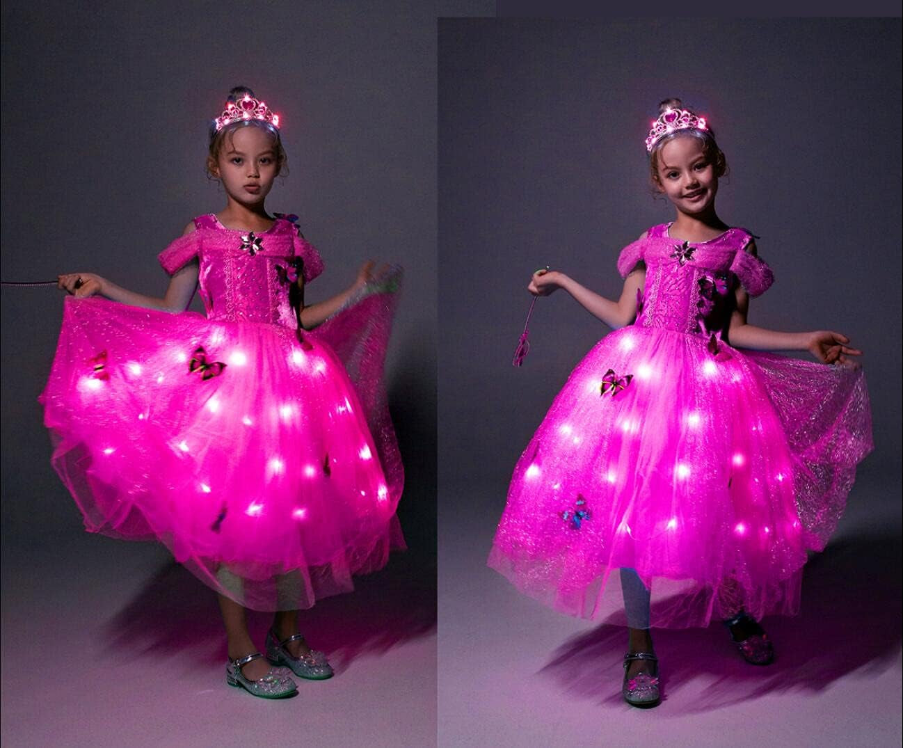 Girls Princess Costume Dress LED Light up Fancy Dresses up Cosplay Party Dress Red Butterfly Pink(Rose Red