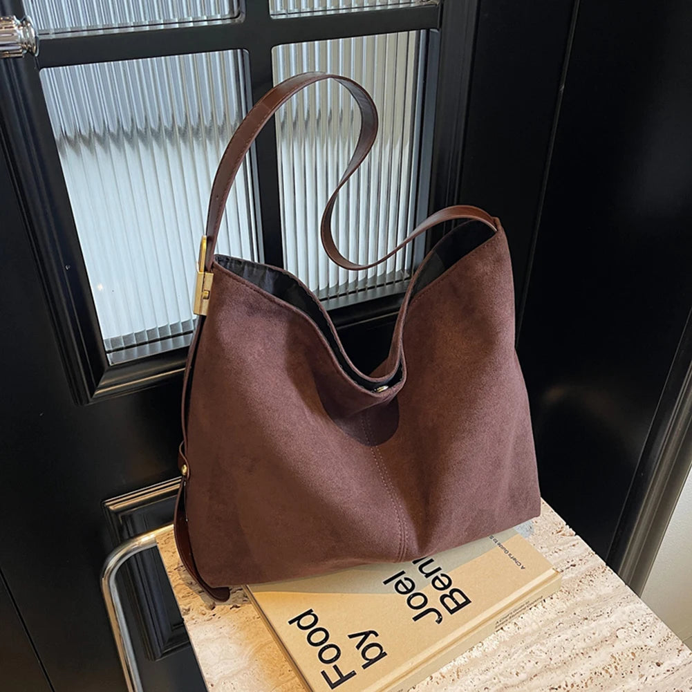 Vintage Women Bag Suede Shoulder Bag Large Capacity Slouchy Crossbody Bag Adjustable Strap Simple Tote Bag Ladies Outdoor Bag