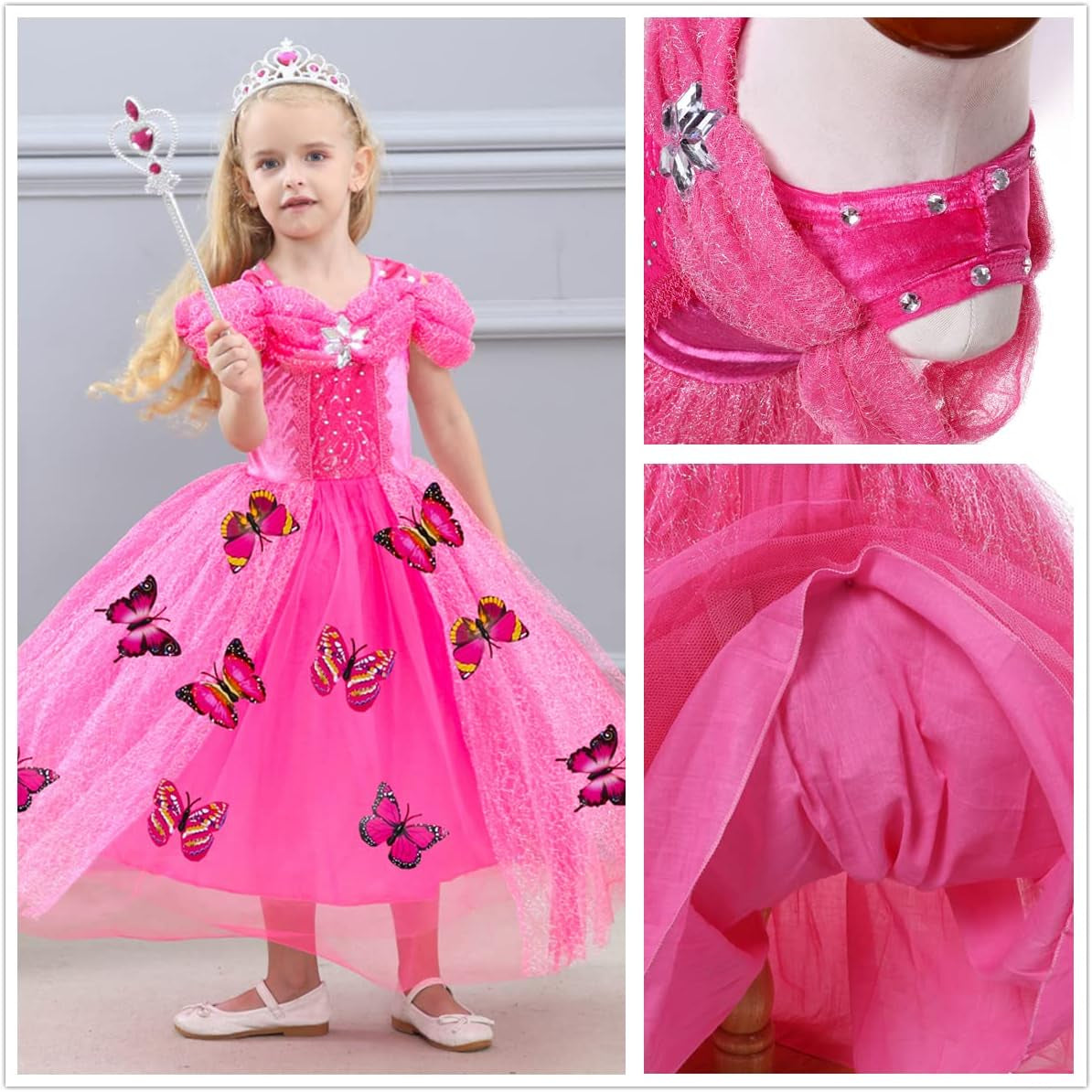 Girls Princess Costume Dress LED Light up Fancy Dresses up Cosplay Party Dress Red Butterfly Pink(Rose Red