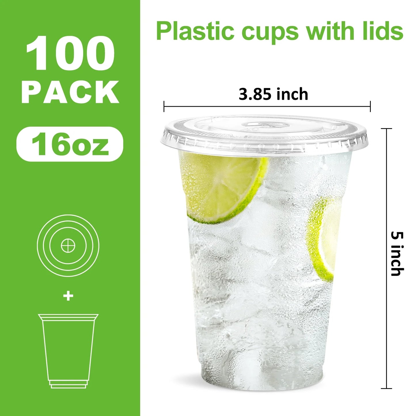 100 Pack 16 Oz Clear Plastic Cups with Lids, Iced Coffee Cups with Lids Disposable for Iced Coffee, Smoothie, Milkshake, Cold Drinks and Graduation Party
