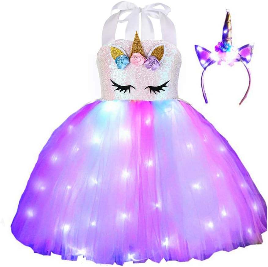 Girls Unicorn Costume, Rainbow Unicorn Dress, LED Light up Unicorn Tutu with Wing for Halloween Birthday Gift