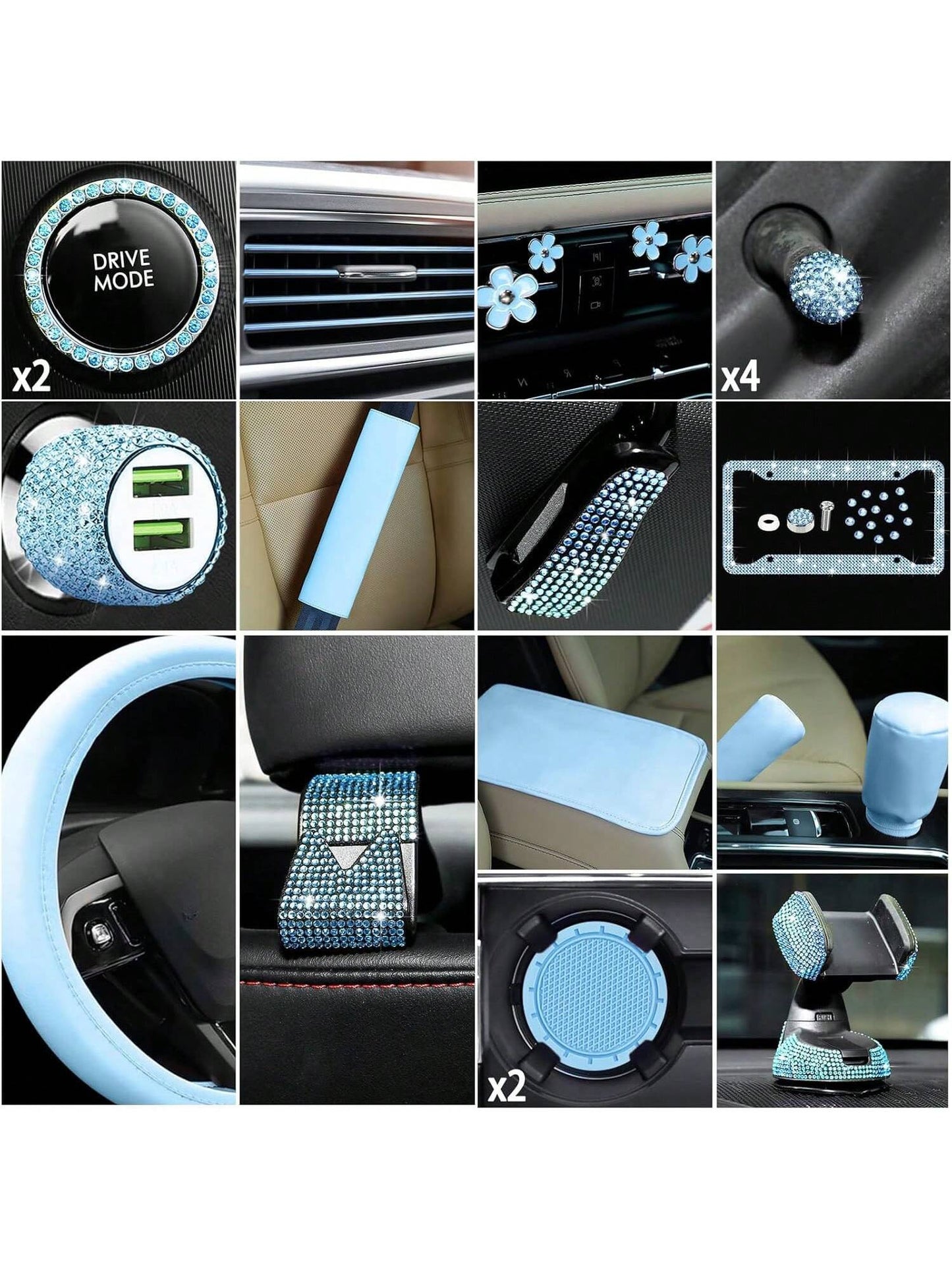 46 Pcs Bling Car Accessories Set for Women Leather Steering Wheel Cover Seat Belt Covers Diamond Rings Sticker Rhinestone Cup Holders USB Adapter Flower Air Vent Clip