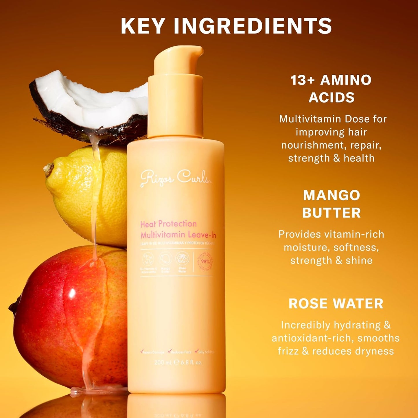 Multivitamin Leave-In Heat Protection up to 450°F – Strengthen, Repair & Add Shine to Straight, Wavy, Curly, Coily Hair Types 1A–4C – Sulfate & Paraben Free