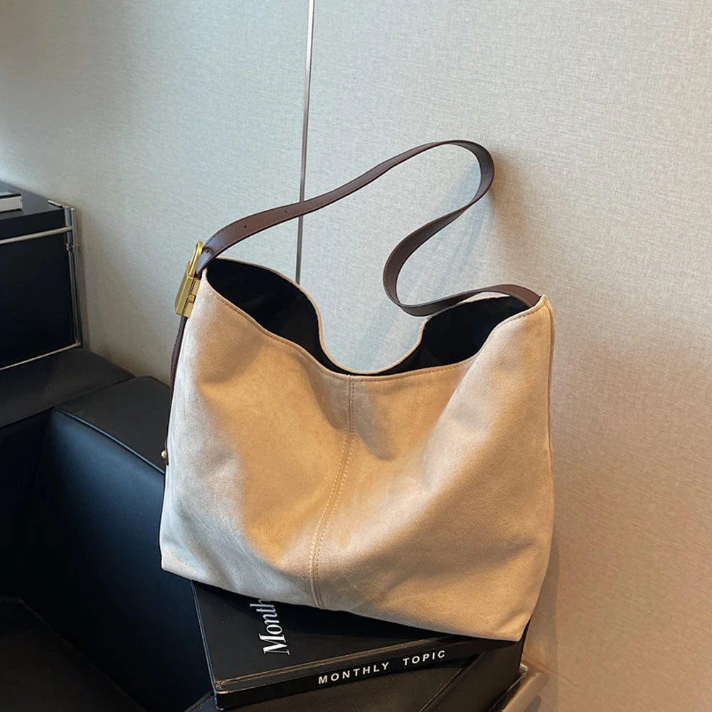 Vintage Women Bag Suede Shoulder Bag Large Capacity Slouchy Crossbody Bag Adjustable Strap Simple Tote Bag Ladies Outdoor Bag