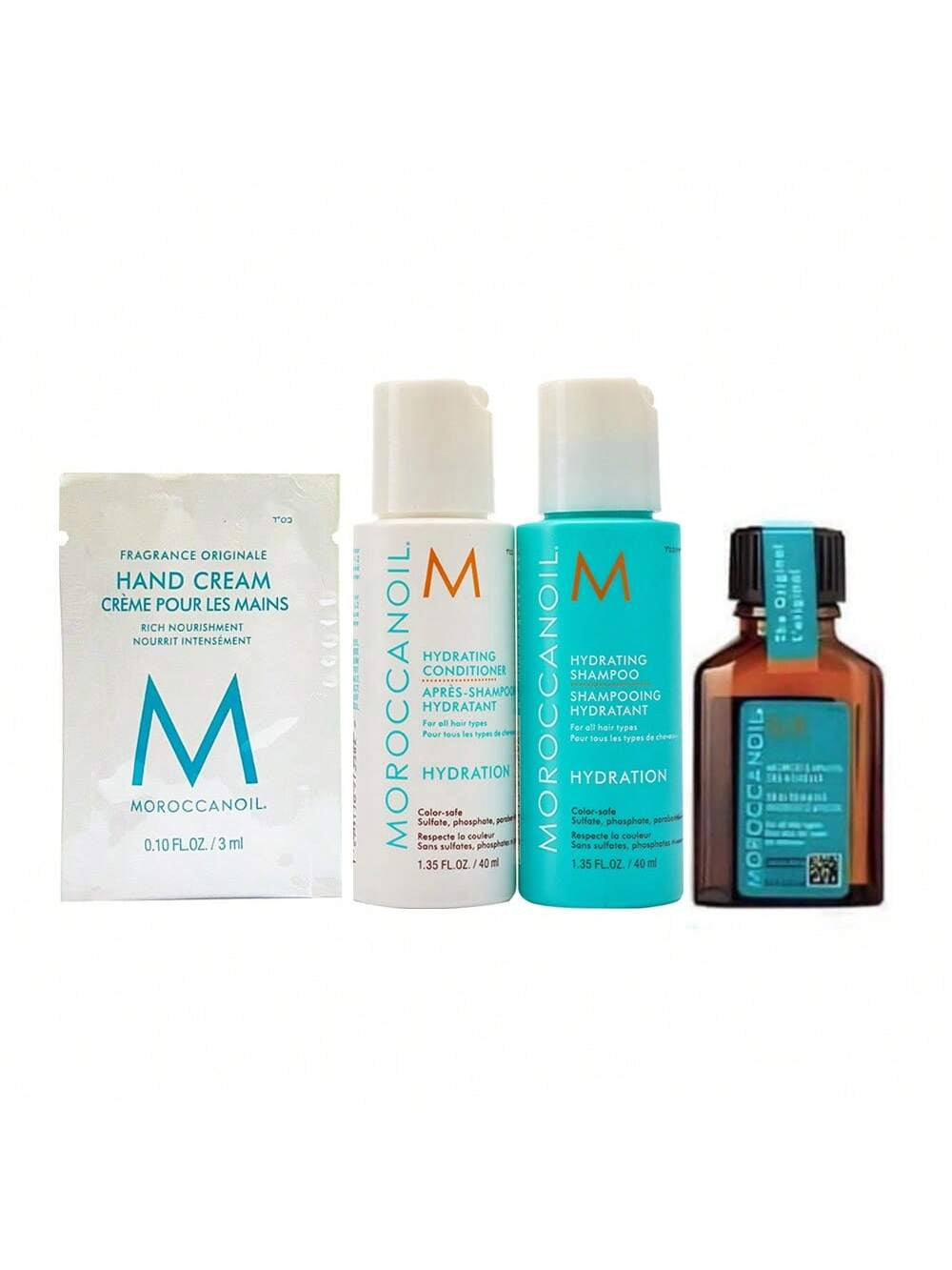 Hydrating Travel Kit (4-Piece Set) - with Shampoo, Conditioner, Treatment Oil & Hand Cream for Dry Hair- Mini Size