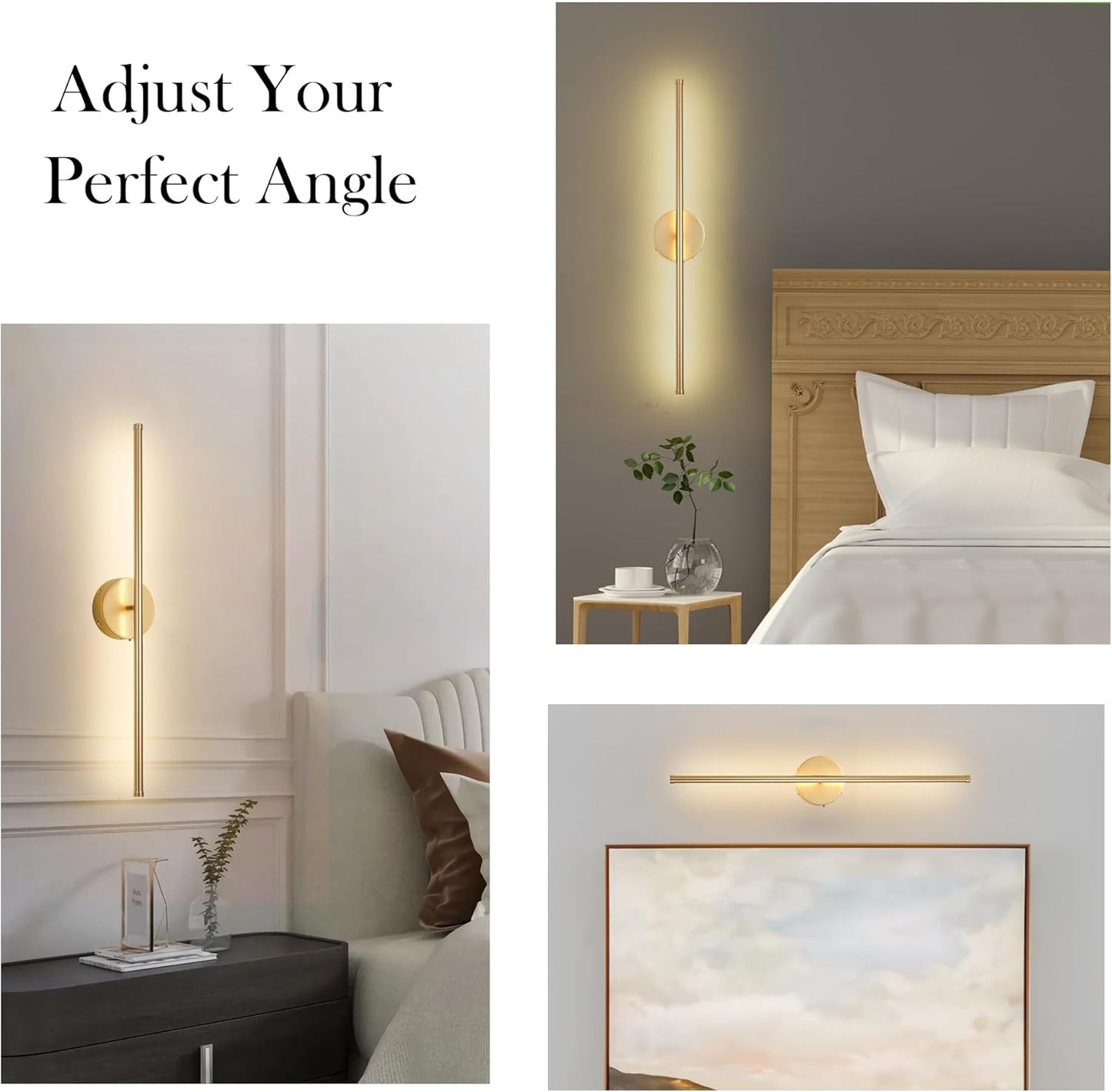 Battery Operated Wall Sconces with Remote Control, Dimmable Wall Sconces Set of Two, 350°Rotate, 3000K LED Gold Wireless Wall Light for Living Room, Bedroom, Hallway, 28.3 Inch (2 Pack)