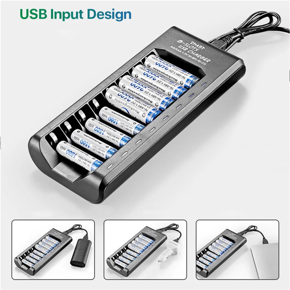 AA AAA Rechargeable Battery Charger for Ni-Mh Ni-Cd Batteries 8 Independent Slots