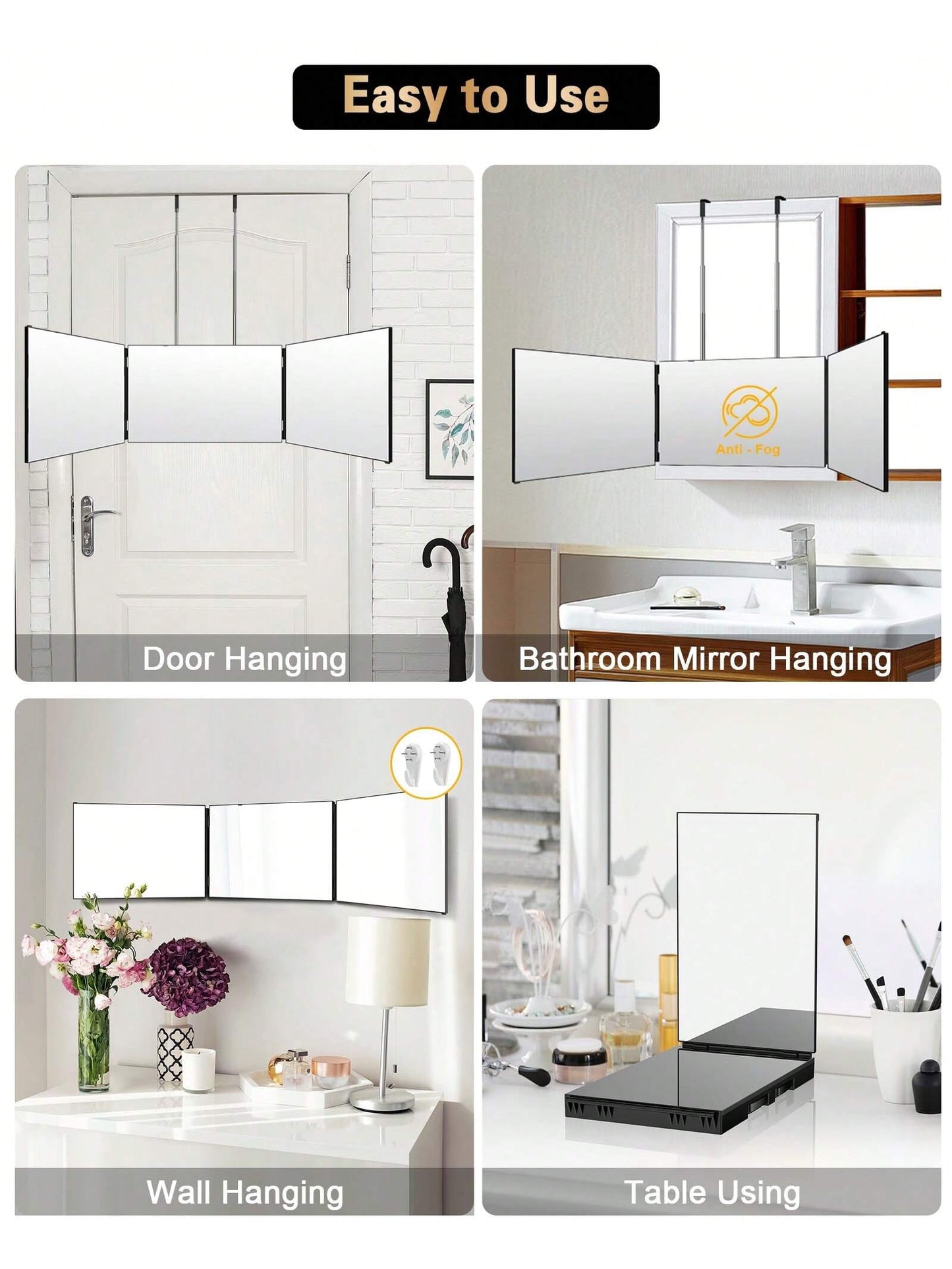 JUSRON 3 Way Mirror for Self Hair Cutting 360 Viewing Angle Self Hair Cutting Mirror, Clear Anti-Fog HD Glass without Led