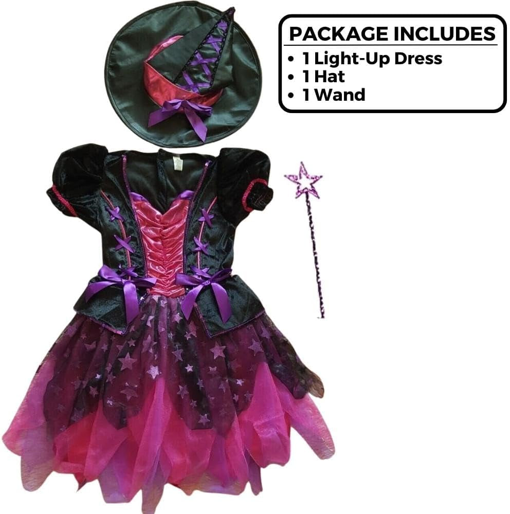 Girls Light-Up Sparkle Witch Costume, Includes Dress, Hat, and Wand; Small (4-6)