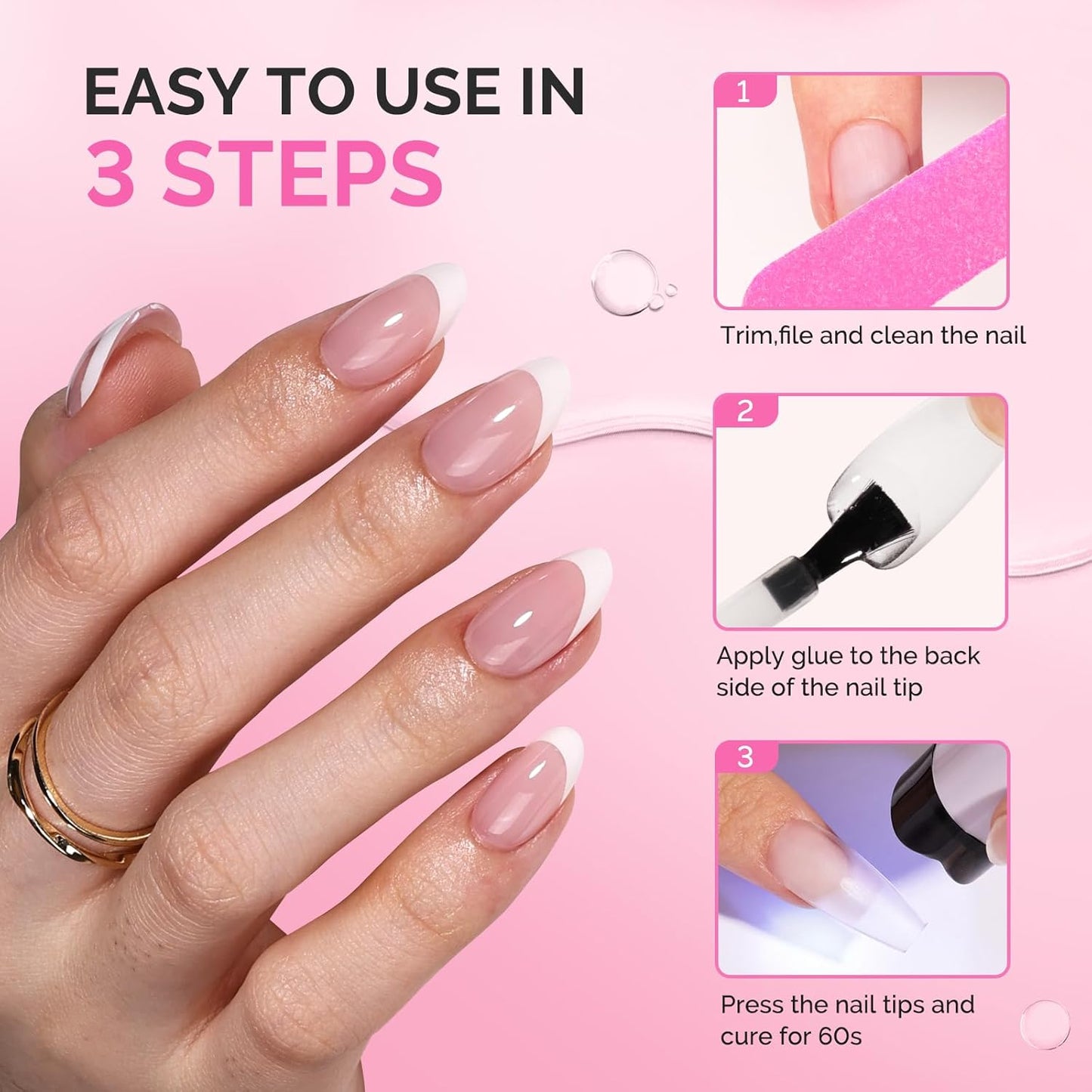 3Free 5 in 1 Nail Glue Gel for False Nail Tips, NO Hema HPMA TPO, Super Sticky and Strong Adhesion, Rhinestone, Blooming Gel, Base Coat, UV Lamp Curing Needed,2 Pcs 15Ml