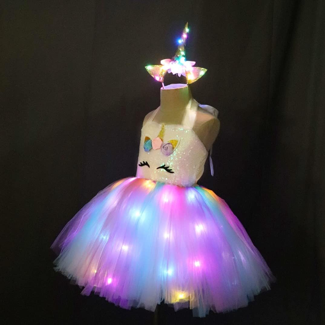 Girls Unicorn Costume, Rainbow Unicorn Dress, LED Light up Unicorn Tutu with Wing for Halloween Birthday Gift