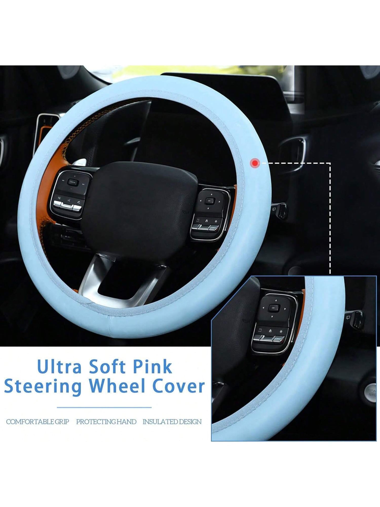46 Pcs Bling Car Accessories Set for Women Leather Steering Wheel Cover Seat Belt Covers Diamond Rings Sticker Rhinestone Cup Holders USB Adapter Flower Air Vent Clip