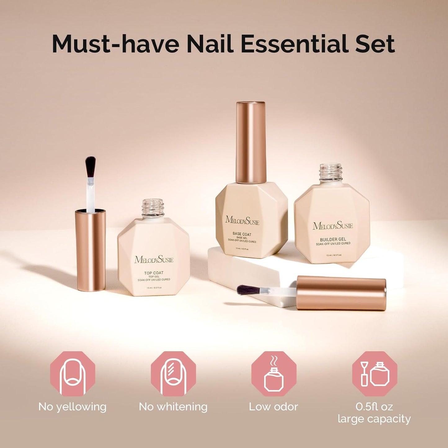 Top Coat Builder Gel Base Coat No Wipe Glossy Set Long Lasting Shine Finish Soak off UV LED Nail Lamp Nail Polish Art Design Manicure Kit Perfect Gifts for Women Girls 3 Pcs 15Ml Clear