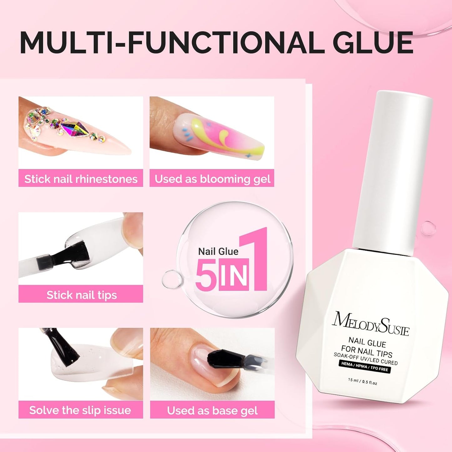 3Free 5 in 1 Nail Glue Gel for False Nail Tips, NO Hema HPMA TPO, Super Sticky and Strong Adhesion, Rhinestone, Blooming Gel, Base Coat, UV Lamp Curing Needed,2 Pcs 15Ml