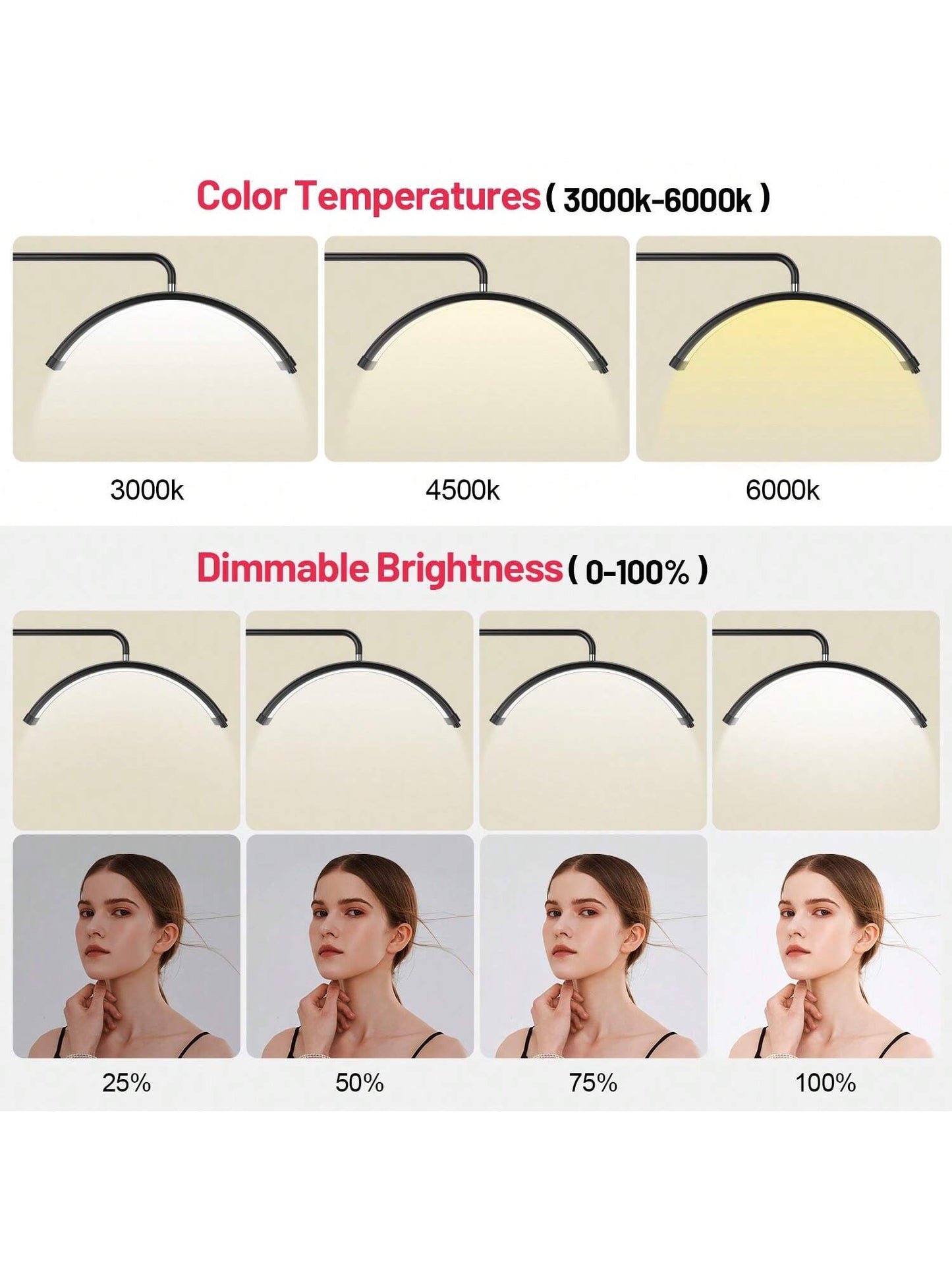 23'' LED Floor Light, Half Moon Lash Lighting: LED Lash Lamp for Eyelash - Adjustable Brightness Warm to Cool Esthetician Light for Lash Artist Tattoo-Black