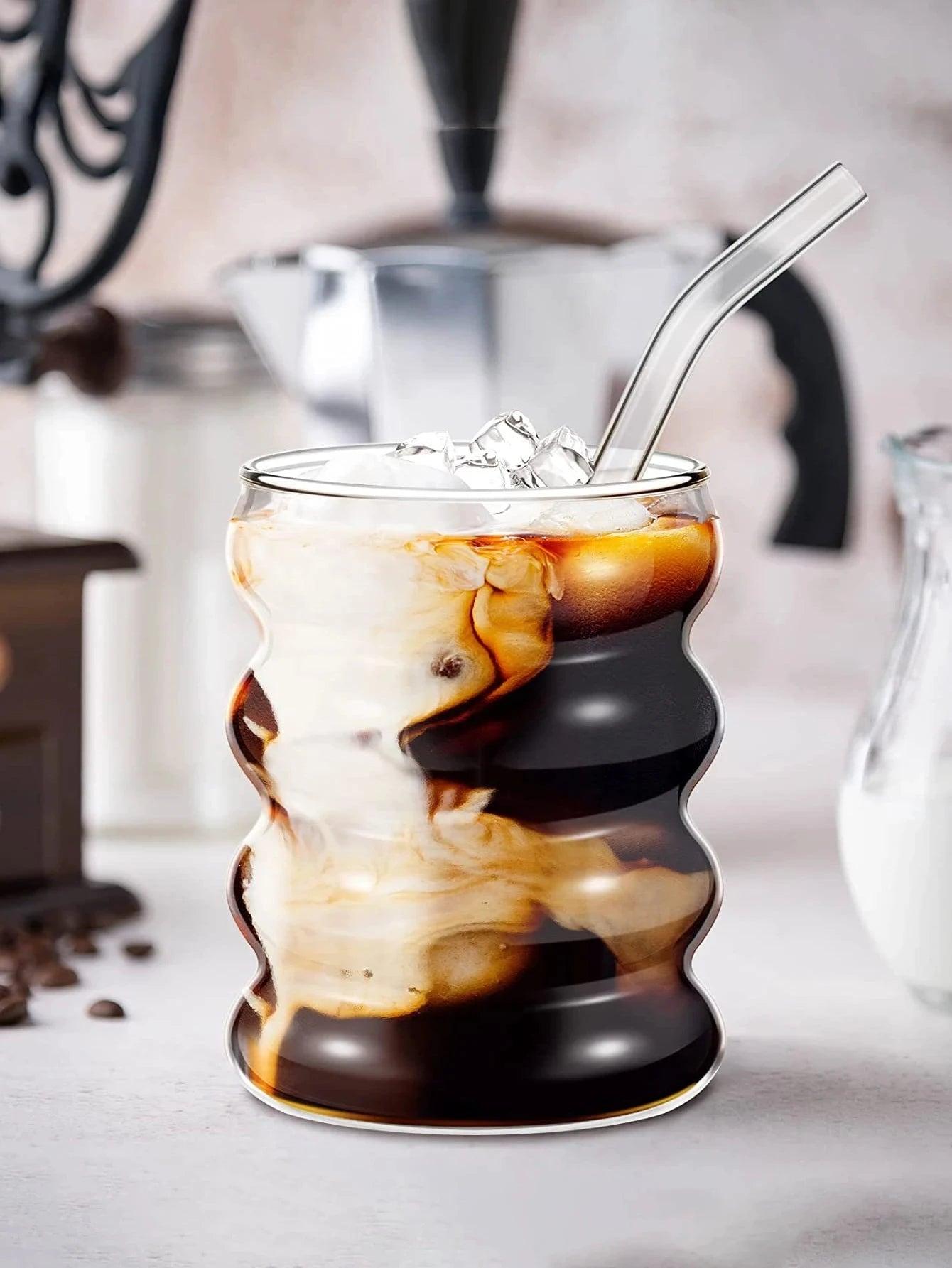 4Pcs Creative Glass Cups Coffee Mug Vintage Drinking Glasses Ribbed Glassware Aesthetic Cups with Straws Set