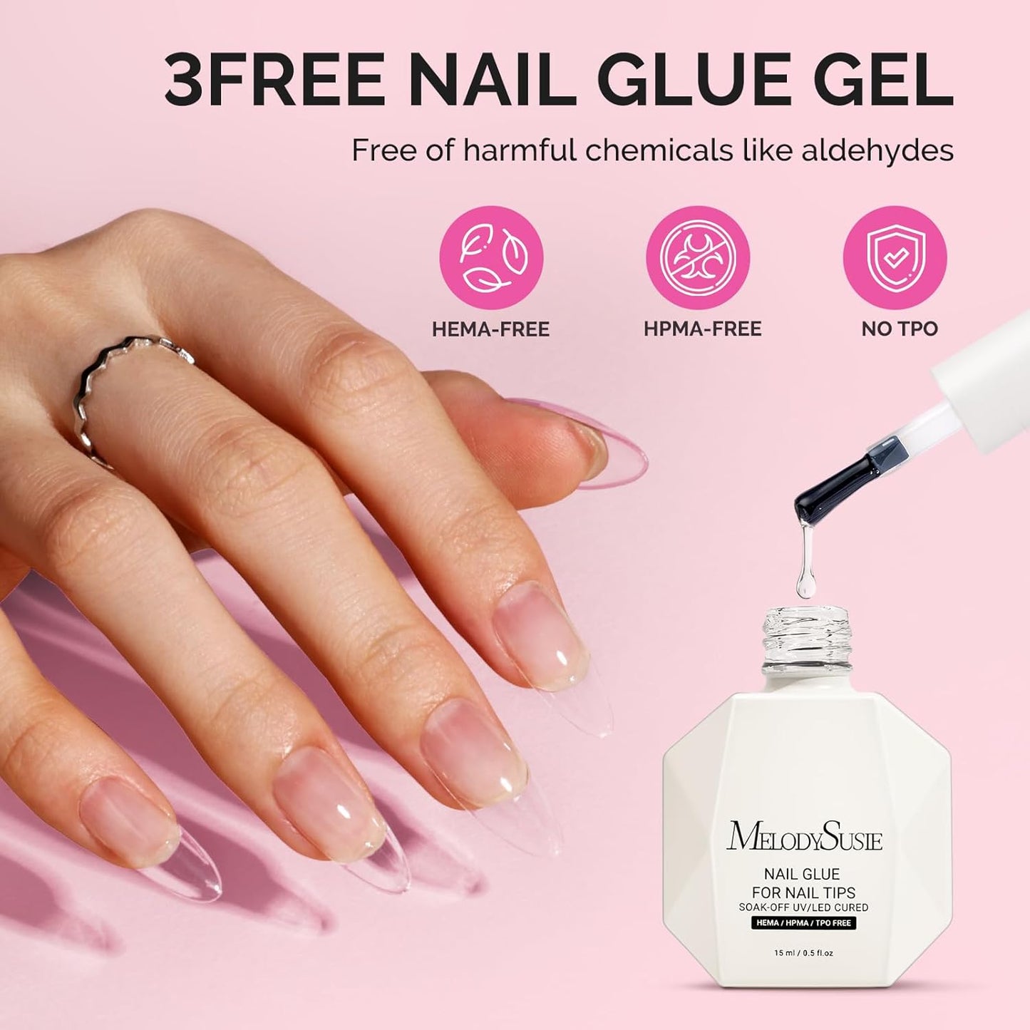 3Free 5 in 1 Nail Glue Gel for False Nail Tips, NO Hema HPMA TPO, Super Sticky and Strong Adhesion, Rhinestone, Blooming Gel, Base Coat, UV Lamp Curing Needed,2 Pcs 15Ml