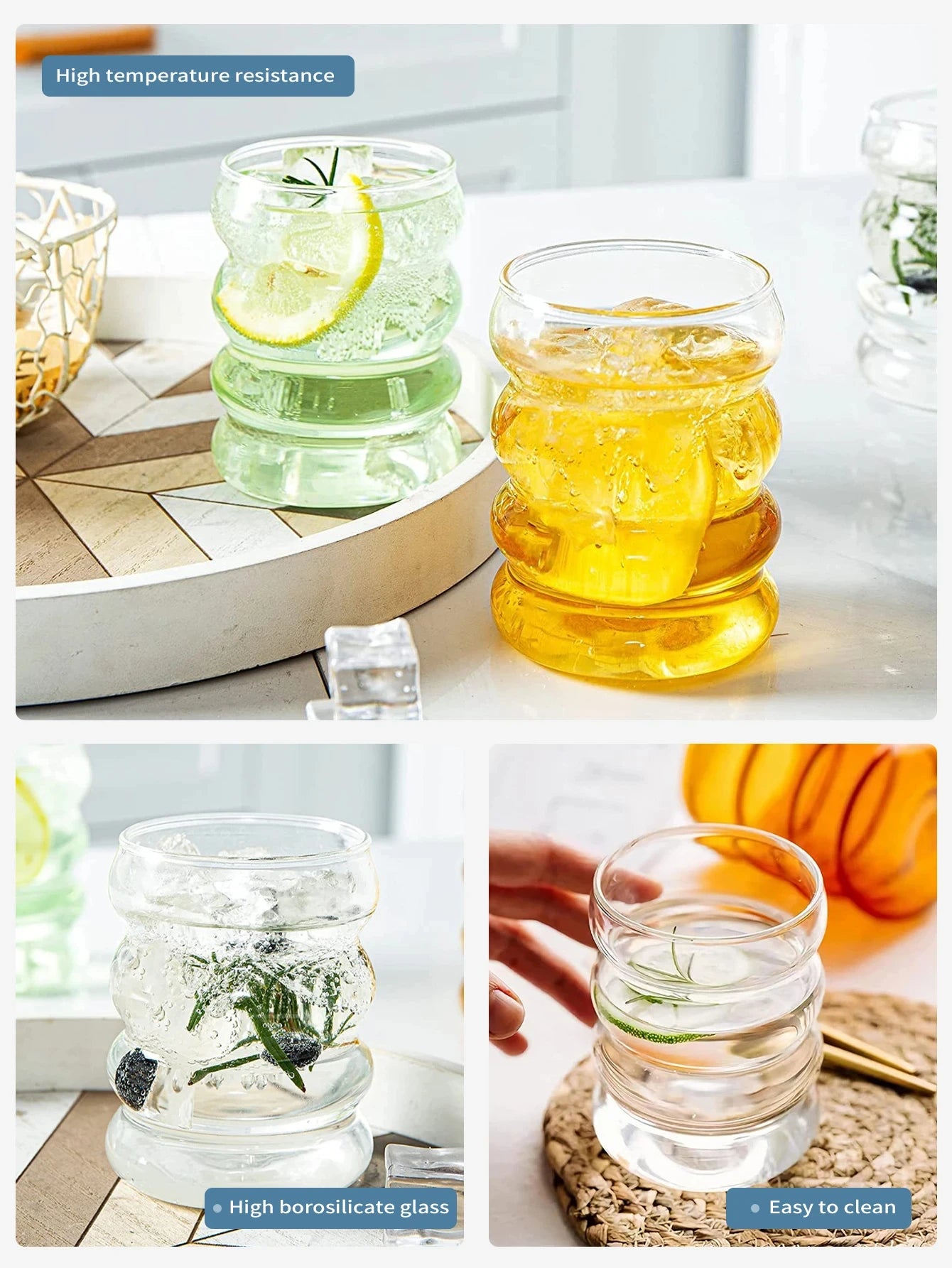4Pcs Creative Glass Cups Coffee Mug Vintage Drinking Glasses Ribbed Glassware Aesthetic Cups with Straws Set