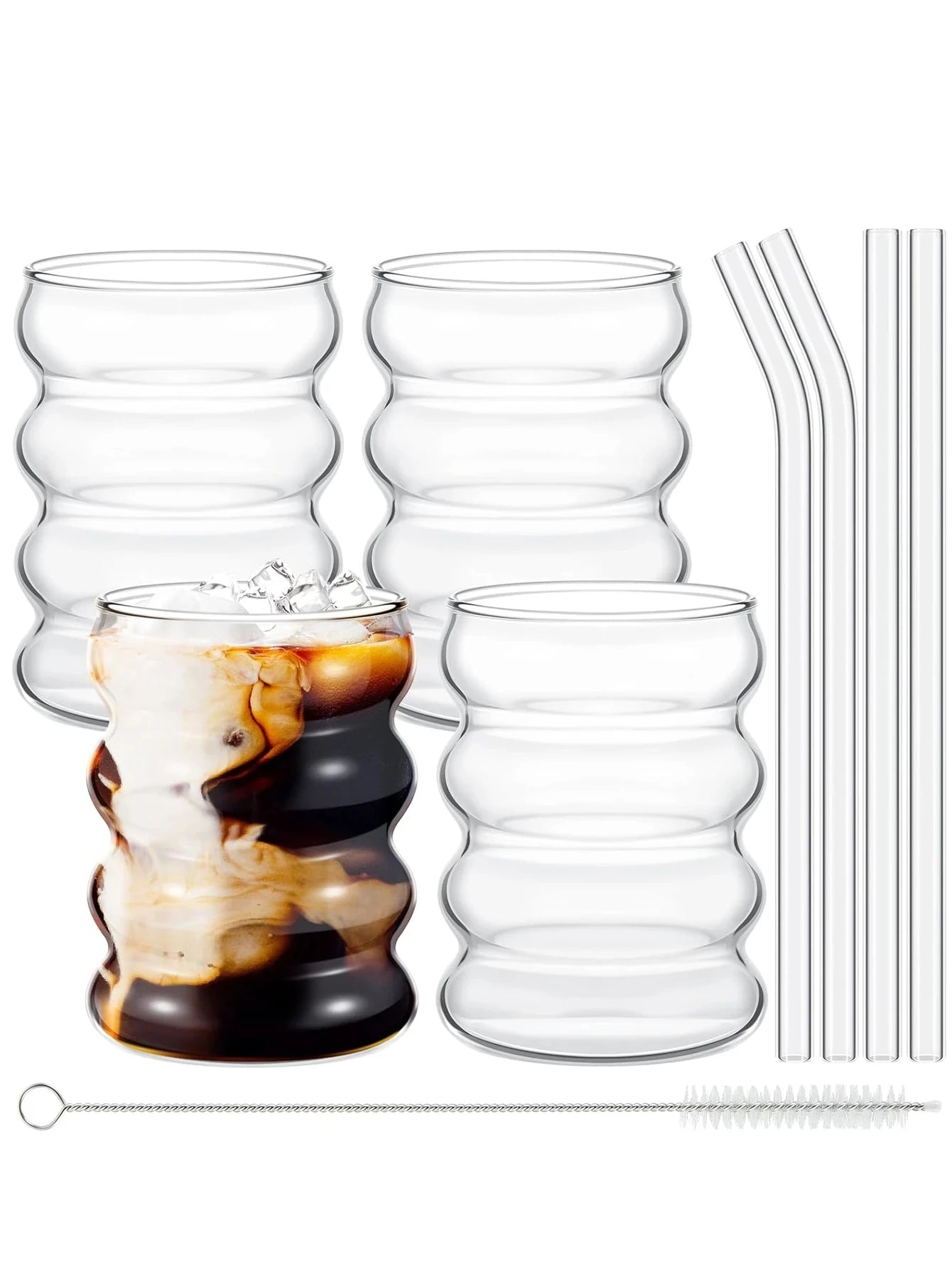 4Pcs Creative Glass Cups Coffee Mug Vintage Drinking Glasses Ribbed Glassware Aesthetic Cups with Straws Set