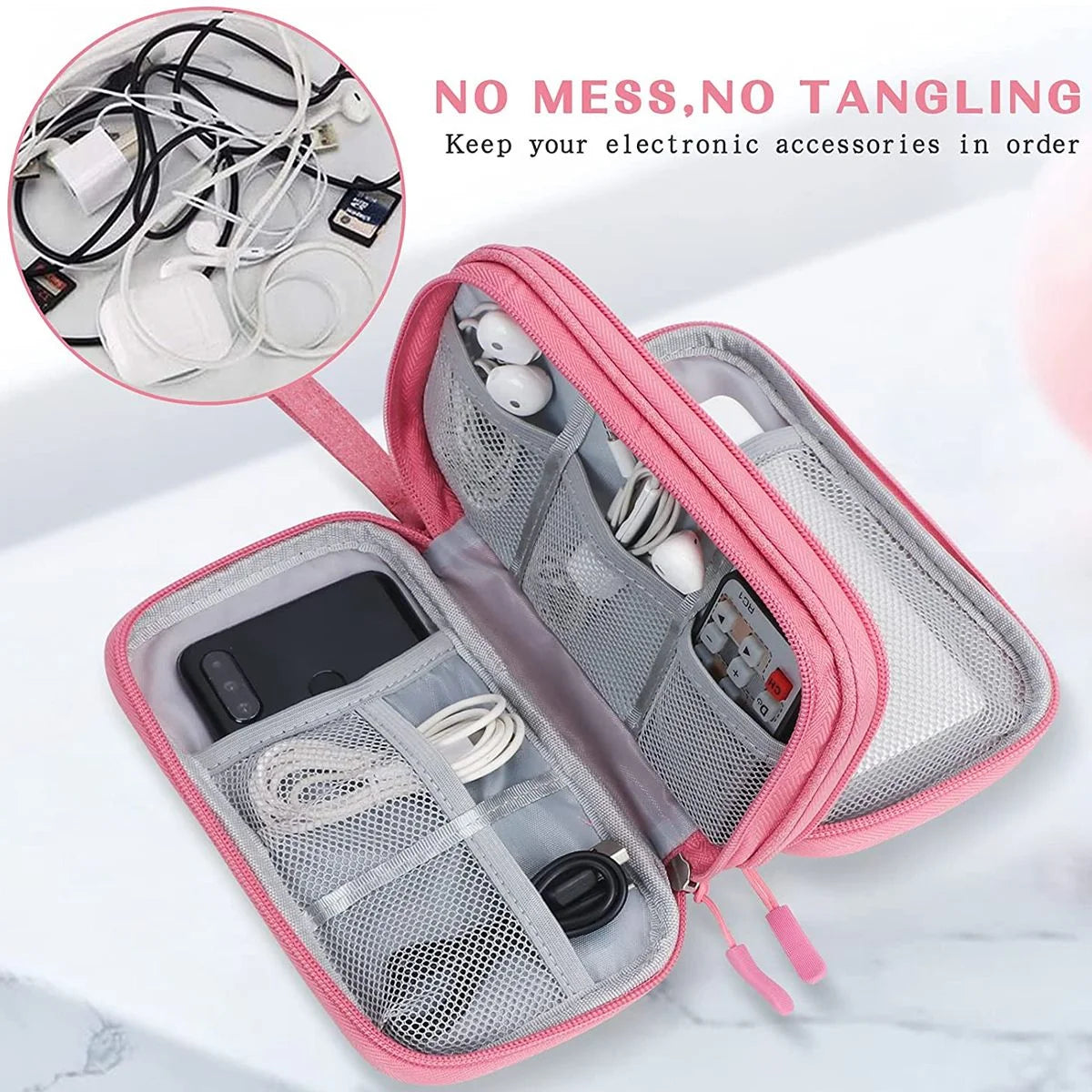 Electronic Organizer Small Travel Cable Organizer Bag Pouch Waterproof Electronic Accessories Storage Bag for Cable, Cord, Charger, Phone, Earphone (Pink)