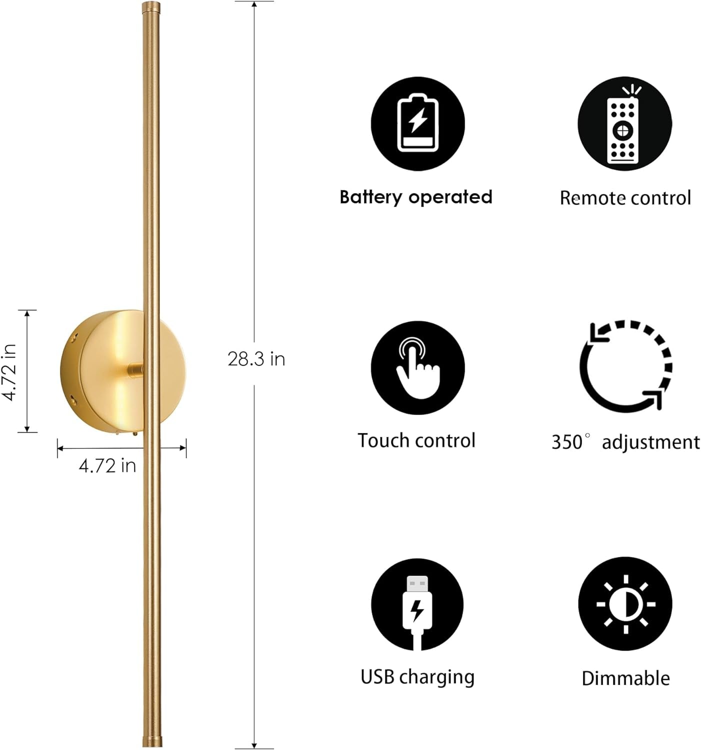 Battery Operated Wall Sconces with Remote Control, Dimmable Wall Sconces Set of Two, 350°Rotate, 3000K LED Gold Wireless Wall Light for Living Room, Bedroom, Hallway, 28.3 Inch (2 Pack)