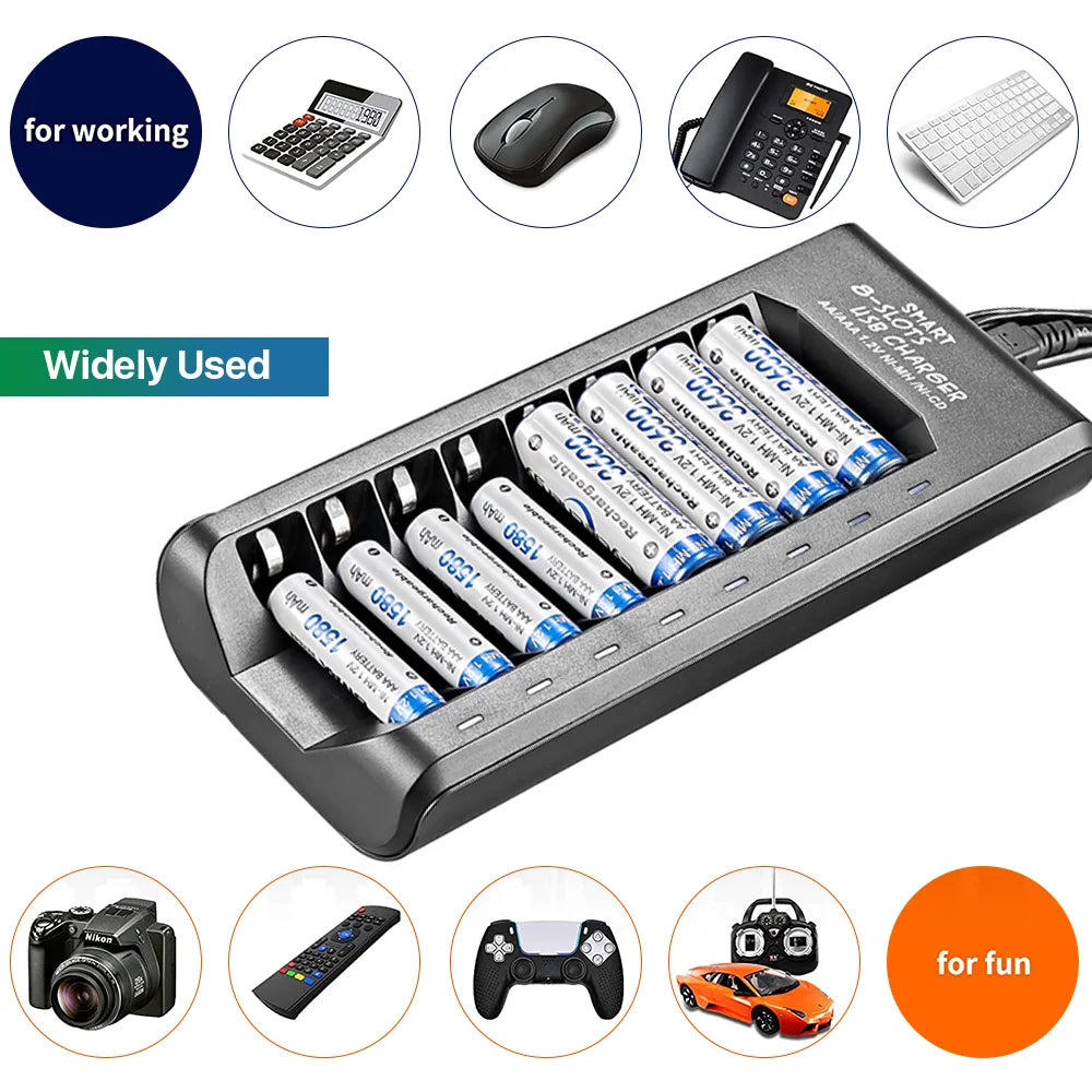 AA AAA Rechargeable Battery Charger for Ni-Mh Ni-Cd Batteries 8 Independent Slots