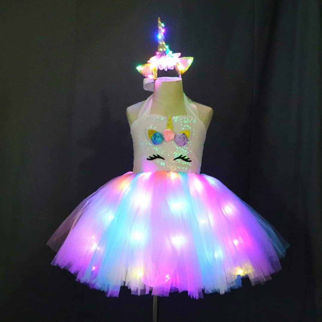 Girls Unicorn Costume, Rainbow Unicorn Dress, LED Light up Unicorn Tutu with Wing for Halloween Birthday Gift