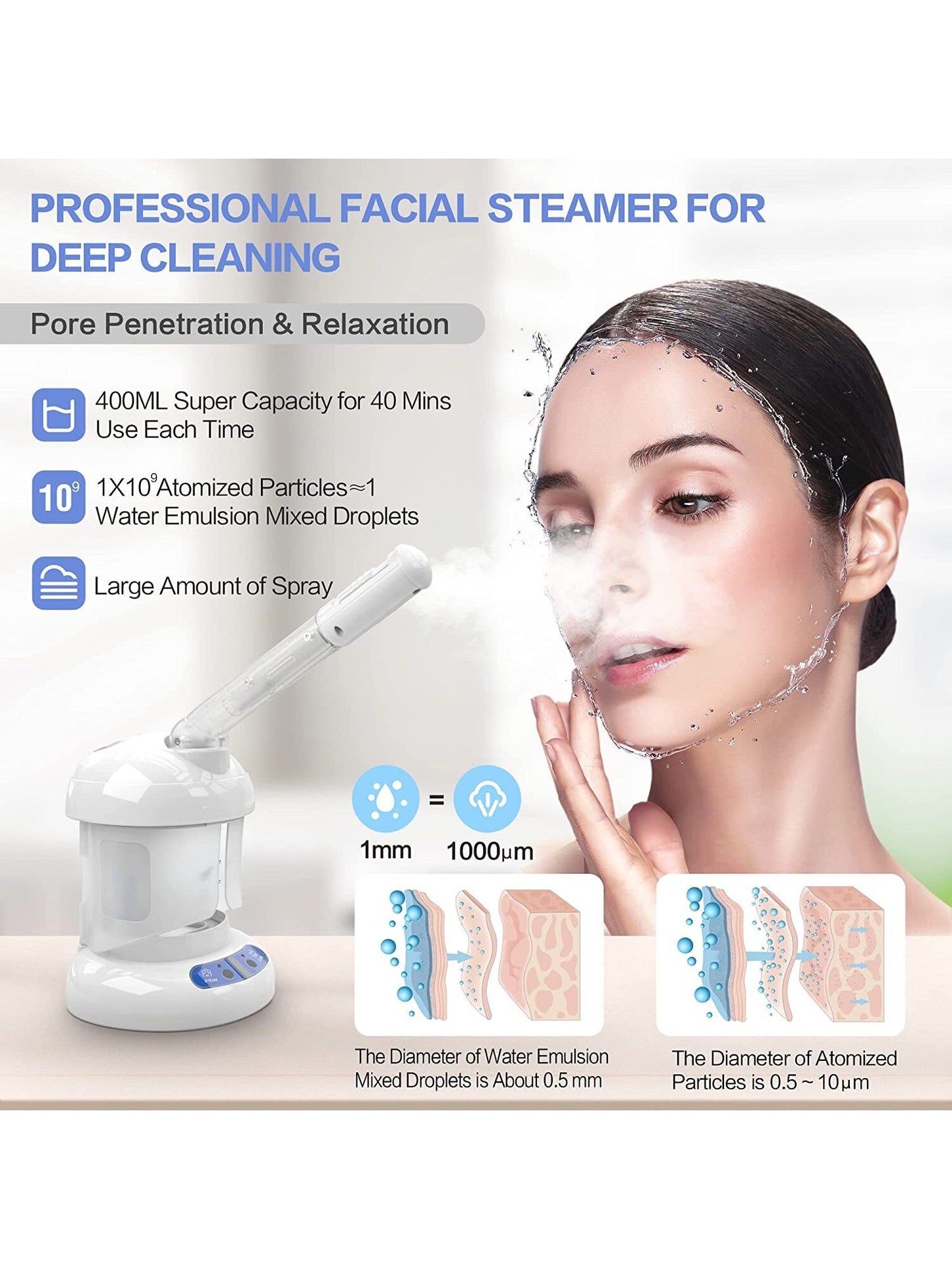 Facial Steamer - Ozone Steamer with Extendable Arm - Professional Nano Ionic Facial Steamer for Deep Cleaning - Portable for Personal Care Use at Home or Salon Gift for Her/ Girlfriend/ Mother/ Lover