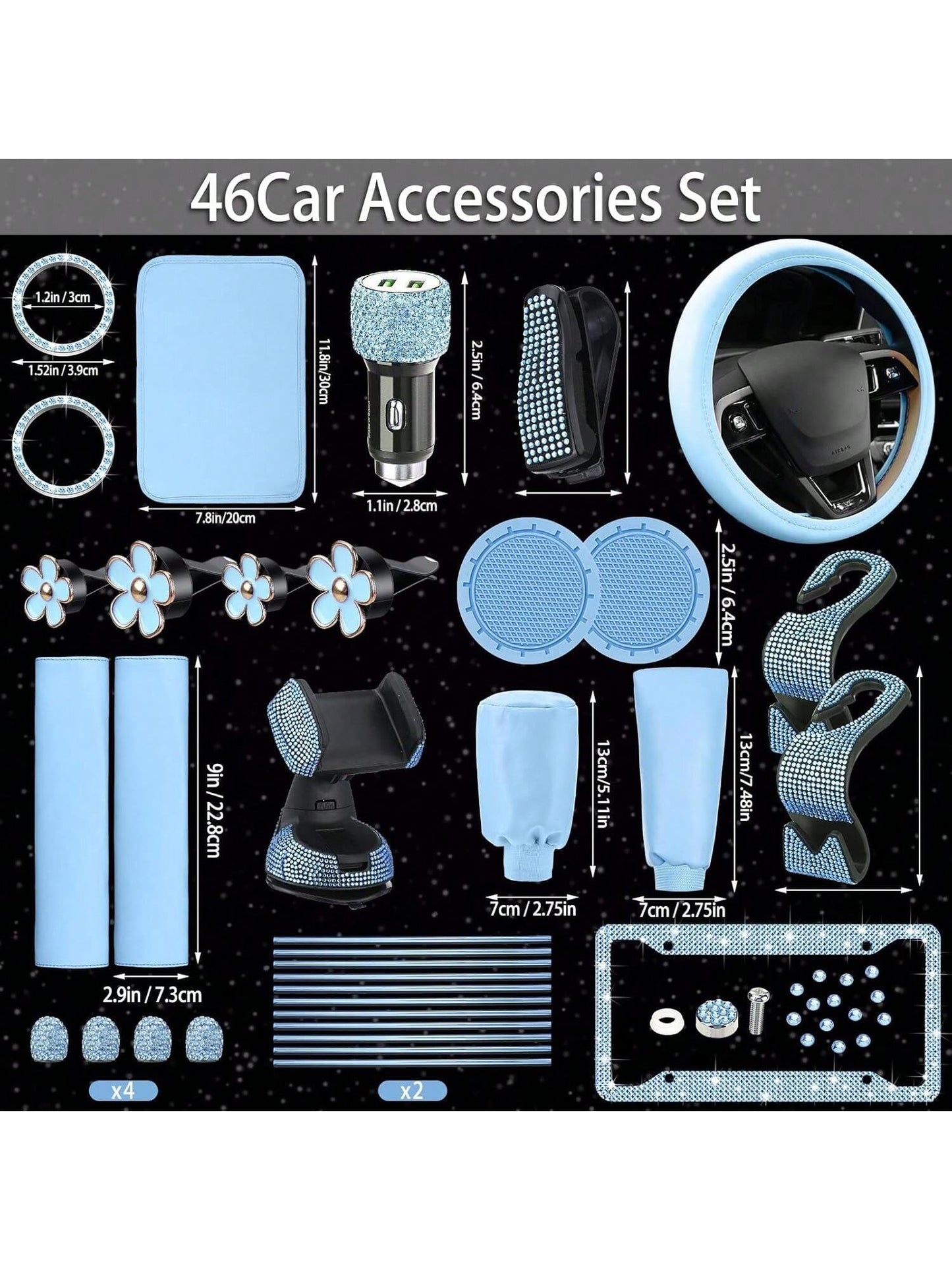 46 Pcs Bling Car Accessories Set for Women Leather Steering Wheel Cover Seat Belt Covers Diamond Rings Sticker Rhinestone Cup Holders USB Adapter Flower Air Vent Clip