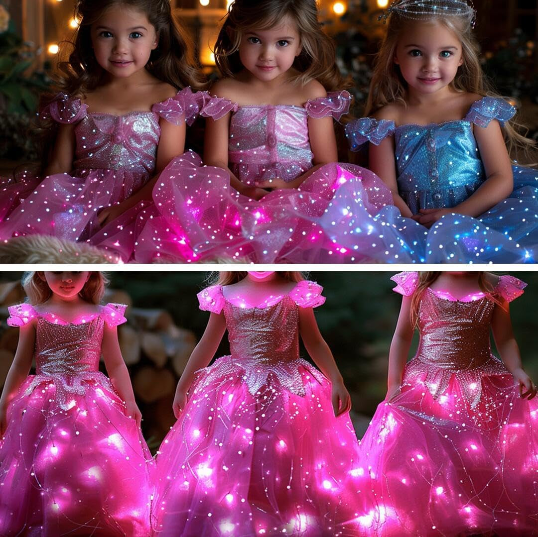 Girls Princess Costume Dress LED Light up Fancy Dresses up Cosplay Party Dress Red Butterfly Pink(Rose Red