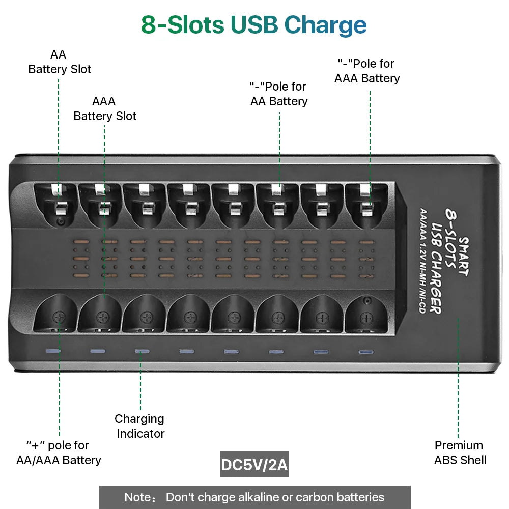 AA AAA Rechargeable Battery Charger for Ni-Mh Ni-Cd Batteries 8 Independent Slots