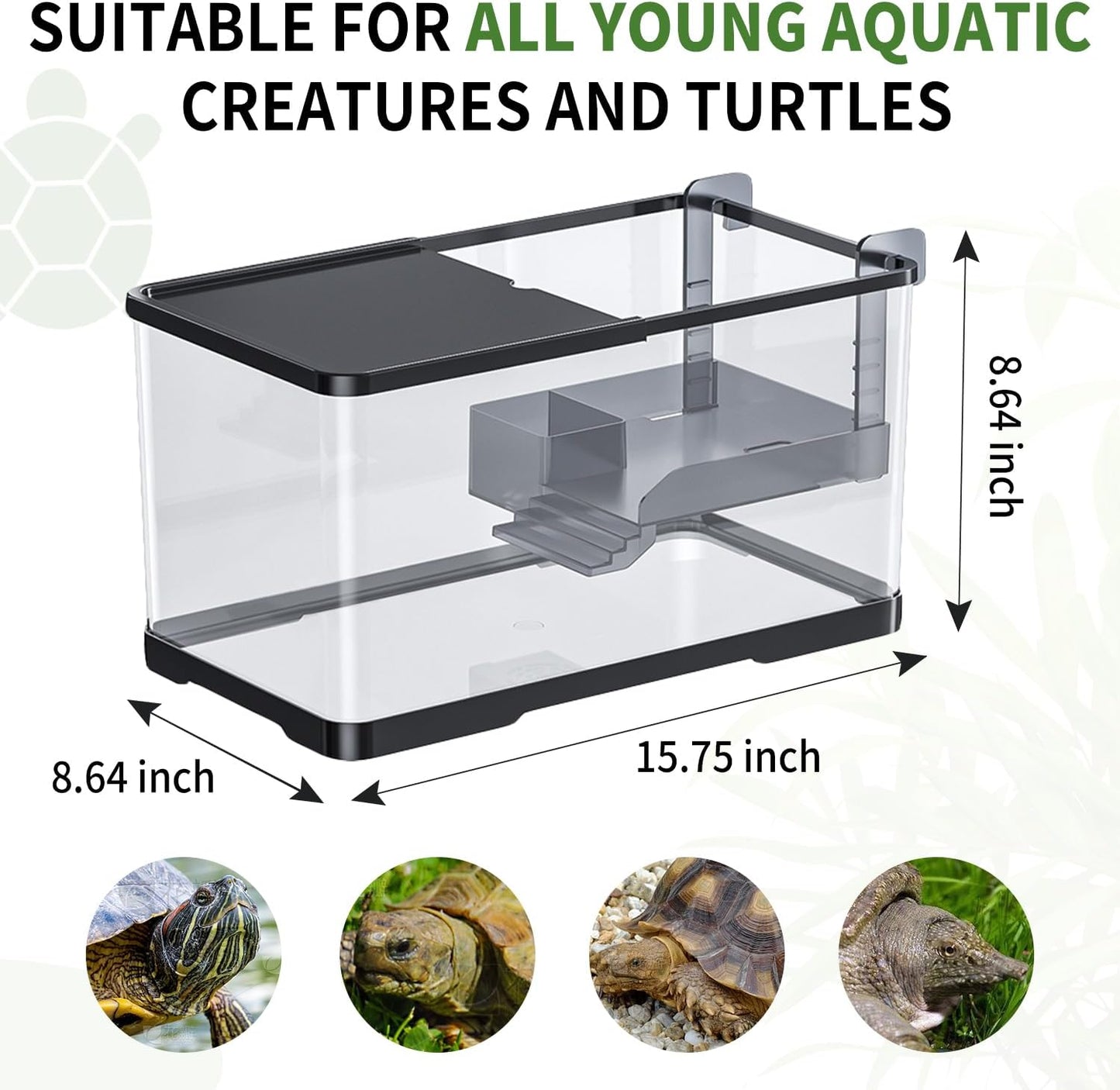 (Tank + Light + Filter + Filter Balls) Turtle Tank Kit, Turtle Tank Starter Kit,Bottom Drainage, Multi-Function Areas for Turtles, Crabs,Fishes, Amphibians,Reptiles. (15.75 X 8.64 X 8.64 Inch)