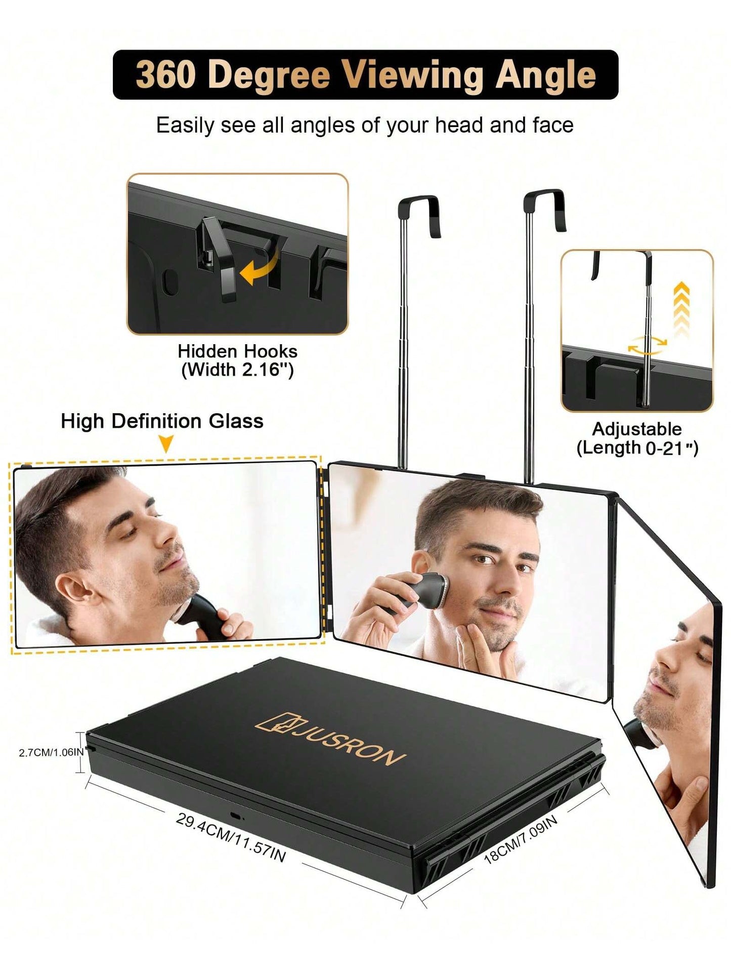 JUSRON 3 Way Mirror for Self Hair Cutting 360 Viewing Angle Self Hair Cutting Mirror, Clear Anti-Fog HD Glass without Led