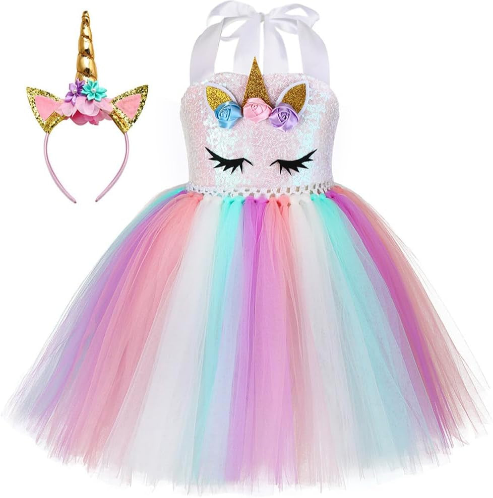 Girls Unicorn Costume, Rainbow Unicorn Dress, LED Light up Unicorn Tutu with Wing for Halloween Birthday Gift