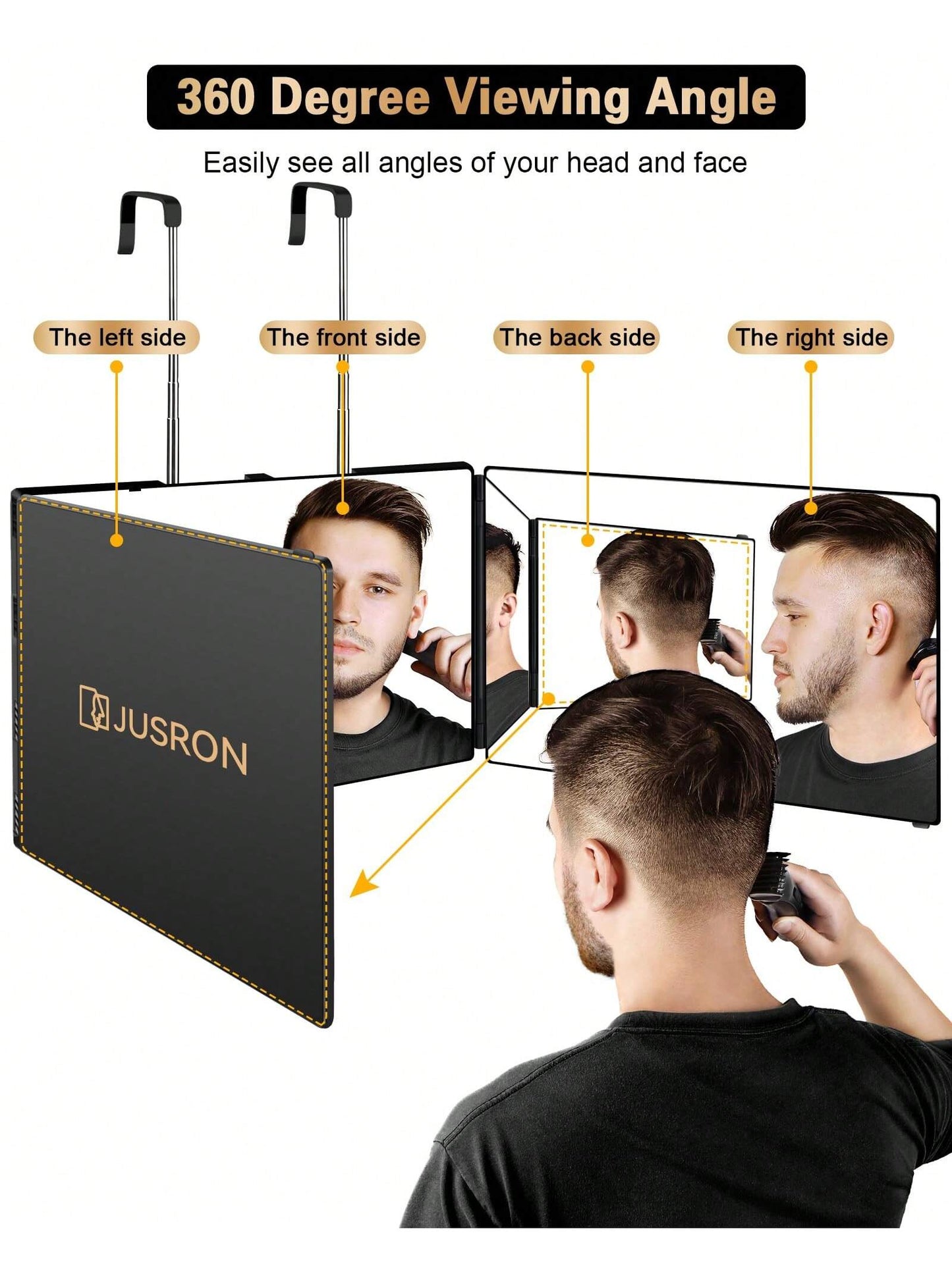 JUSRON 3 Way Mirror for Self Hair Cutting 360 Viewing Angle Self Hair Cutting Mirror, Clear Anti-Fog HD Glass without Led