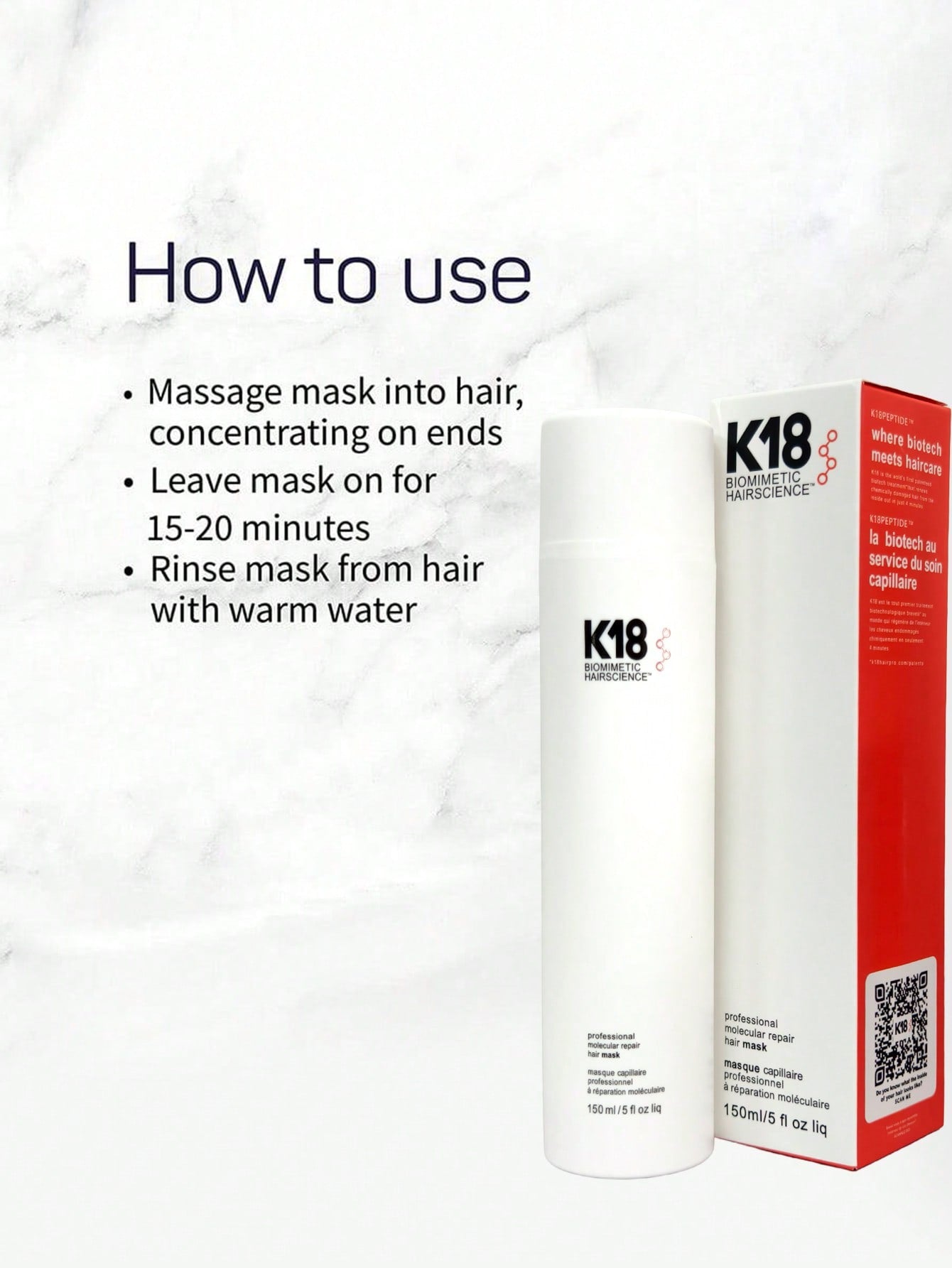 1Pc 150Ml K18 Hair Mask,K18 No-Rinse Molecular Hair Mask, Repairs Dry or Damaged Hair, Reverses Hair Damage Caused by Bleaching, Dyeing, Chemical Treatments and Heating