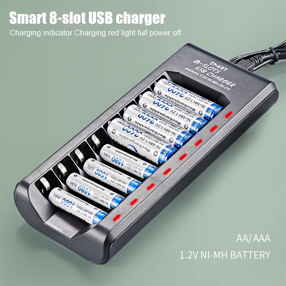 Rechargeable Battery Charger USB Output 8 Slots Fast Charging Short Circuit Protection for 1.2V Nimh AAA/AA Batteries Charger