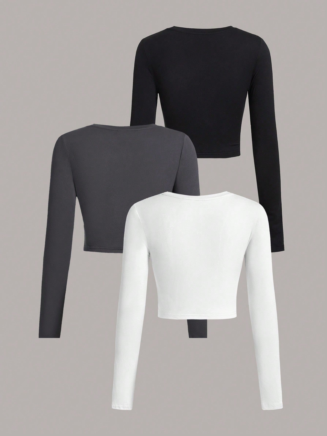 SHEIN Ezwear 3Pcs/Set Casual Minimalist Crew Neck Long Sleeve Cropped Fitted Women T-Shirts, Suitable for Spring & Autumn