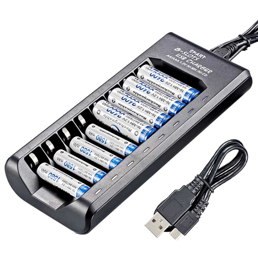 Rechargeable Battery Charger USB Output 8 Slots Fast Charging Short Circuit Protection for 1.2V Nimh AAA/AA Batteries Charger